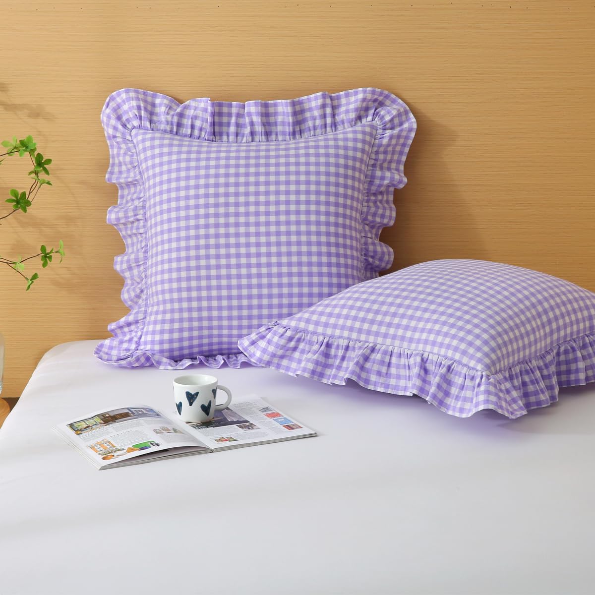 Silnuo Green/White Plaid Ruffled Queen Size Pillow Shams Set of 2,Washed Cotton Shabby Checkered Gingham Farmhouse Bed Pillow Covers 20"x30"