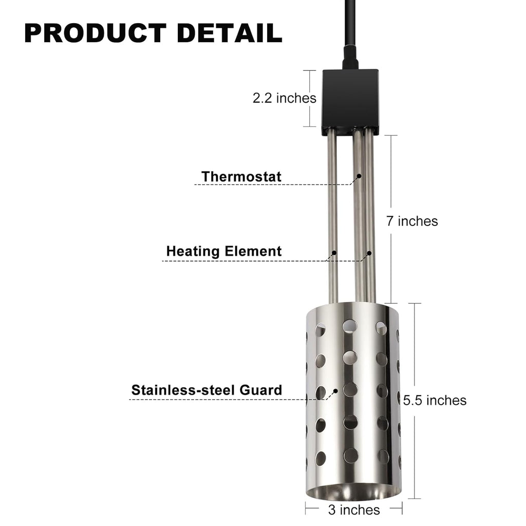 1500W Bucket Heater, Rust Proof Built in Temperature Controller Immersion Water Heater, Heats 5 Gallons of Water in Minutes with Auto Shutoff, for Home Outdoor Camping and Winter Job