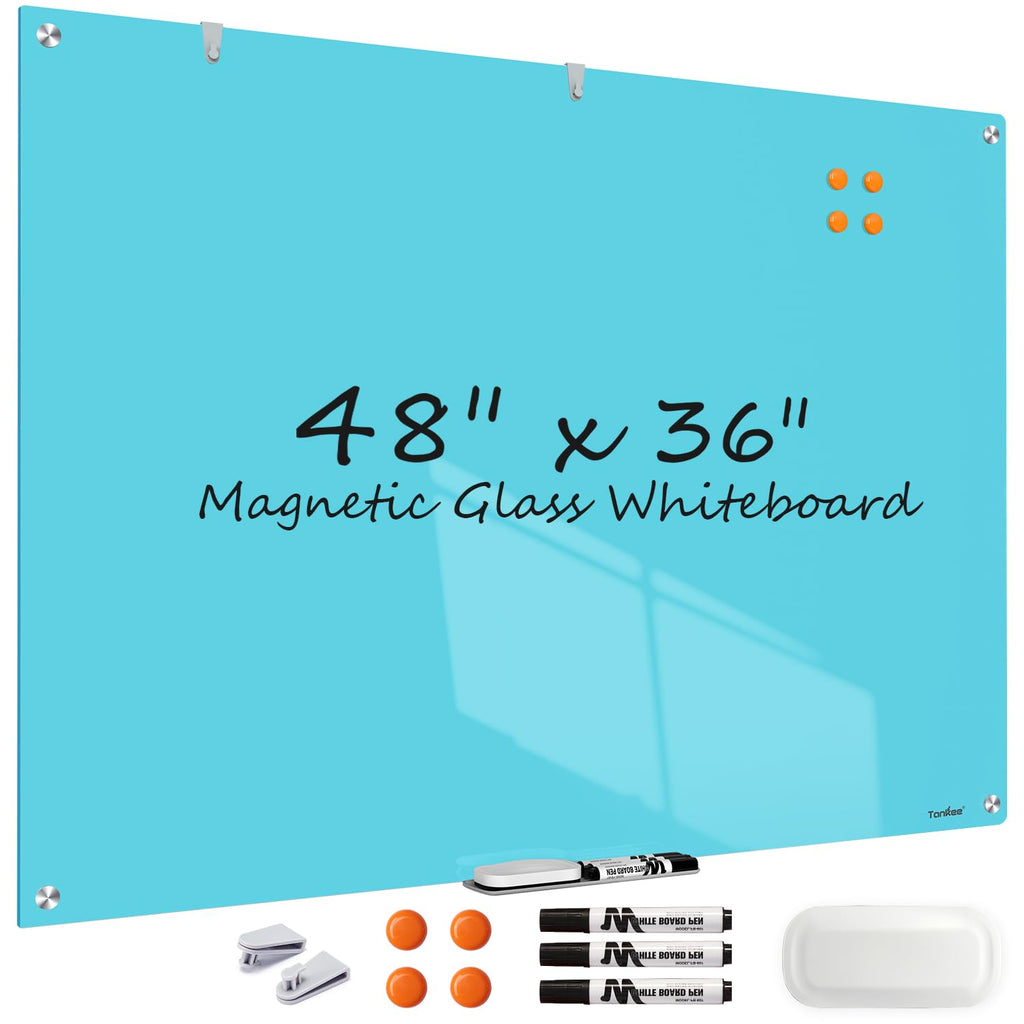 Dry Erase Board Black Magnetic Glass Whiteboard, TANKEE Modern Large Frameless Tempered Glass White Board for Wall, Office, School, Home, 36” x 24”, 3' x 2' White Board