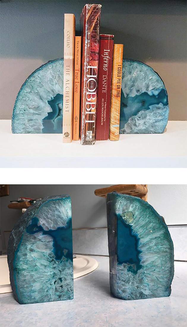 JIC Gem Black Agate Geode Bookends 2-3 Lbs Anti-Slip Rubber Pads Heavy Duty | 1Pair Natural Black Agate Crystal Decor for Shelves & Desk, Unique Small Stone Book Holder Gift for Office & Home Decoration