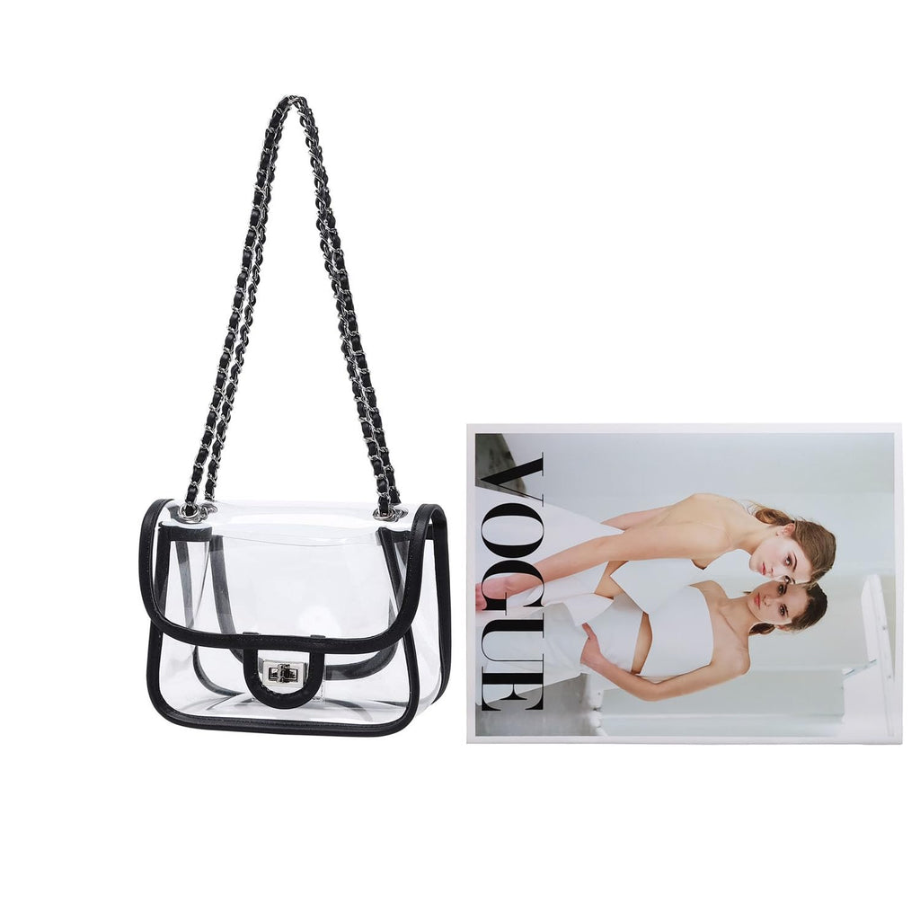 Womens PVC Clear Purse Handbag with Chain Stadium Approved Clear Bag See Through Bag for Working and Concert