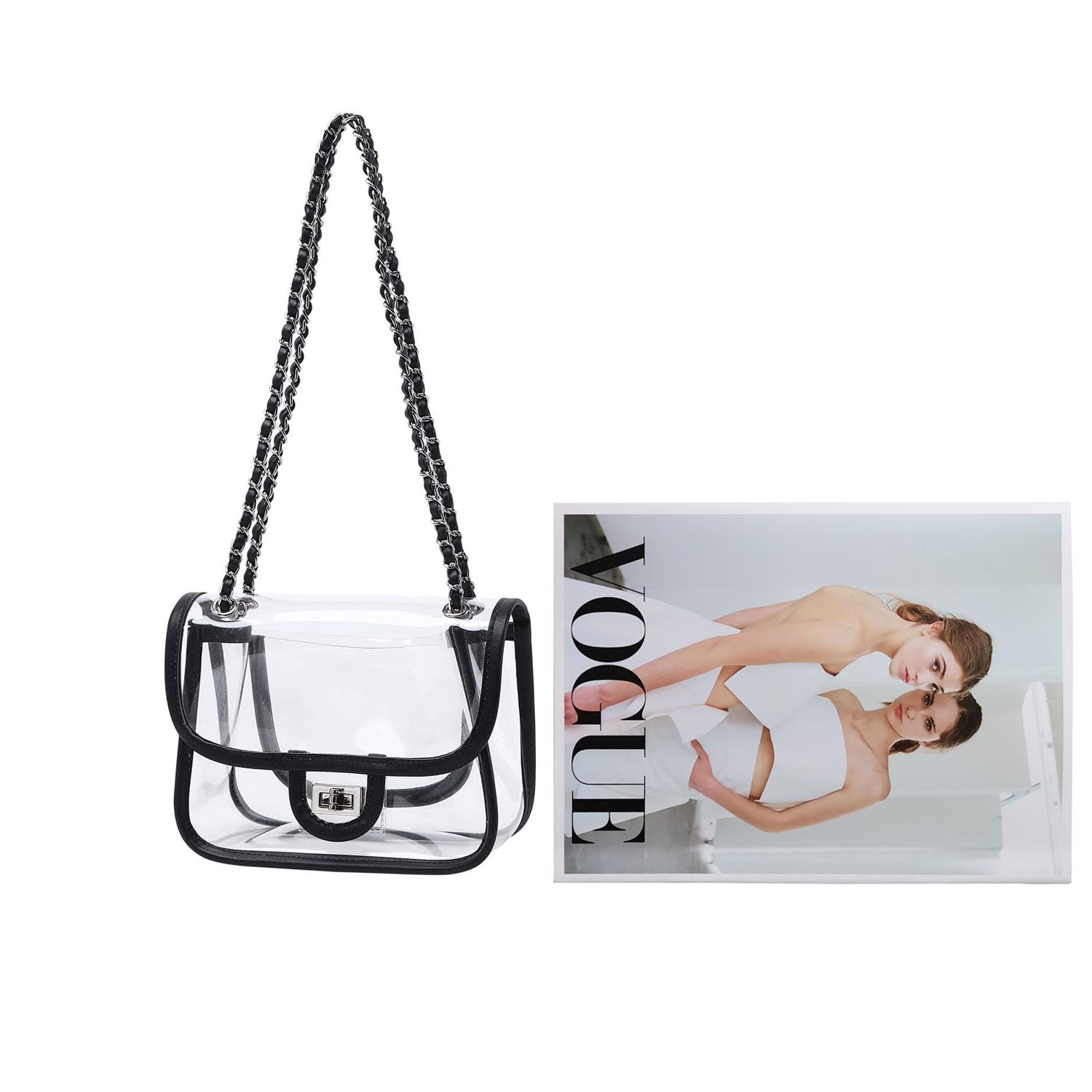 Womens PVC Clear Purse Handbag with Chain Stadium Approved Clear Bag See Through Bag for Working and Concert