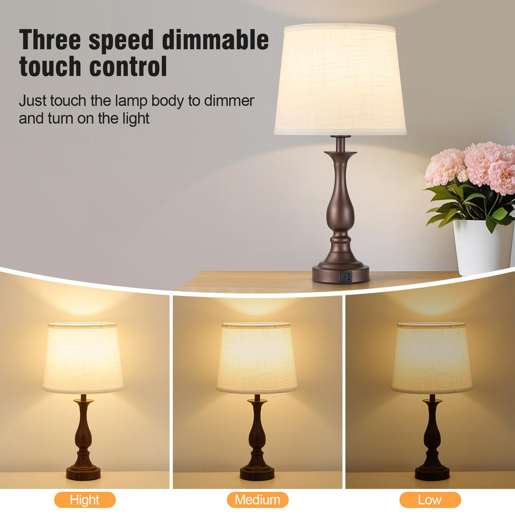 Bedside Table Lamp Touch Control Bedroom Lamps with USB A and C Charging Port 3 Way Dimmable Touch Lamps for Nightstand Living Room Bedroom Dorm Home Office Reading, Set of 2