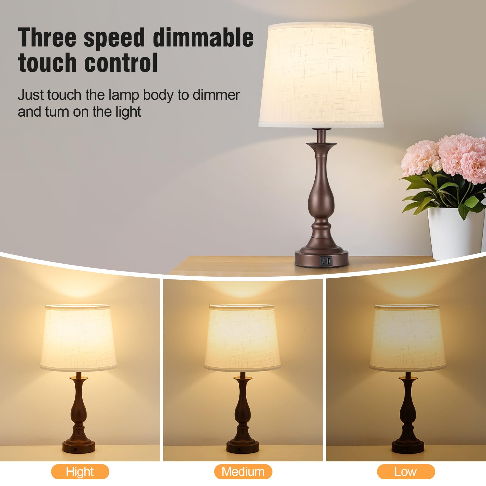 Bedside Table Lamp Touch Control Bedroom Lamps with USB A and C Charging Port 3 Way Dimmable Touch Lamps for Nightstand Living Room Bedroom Dorm Home Office Reading, Set of 2