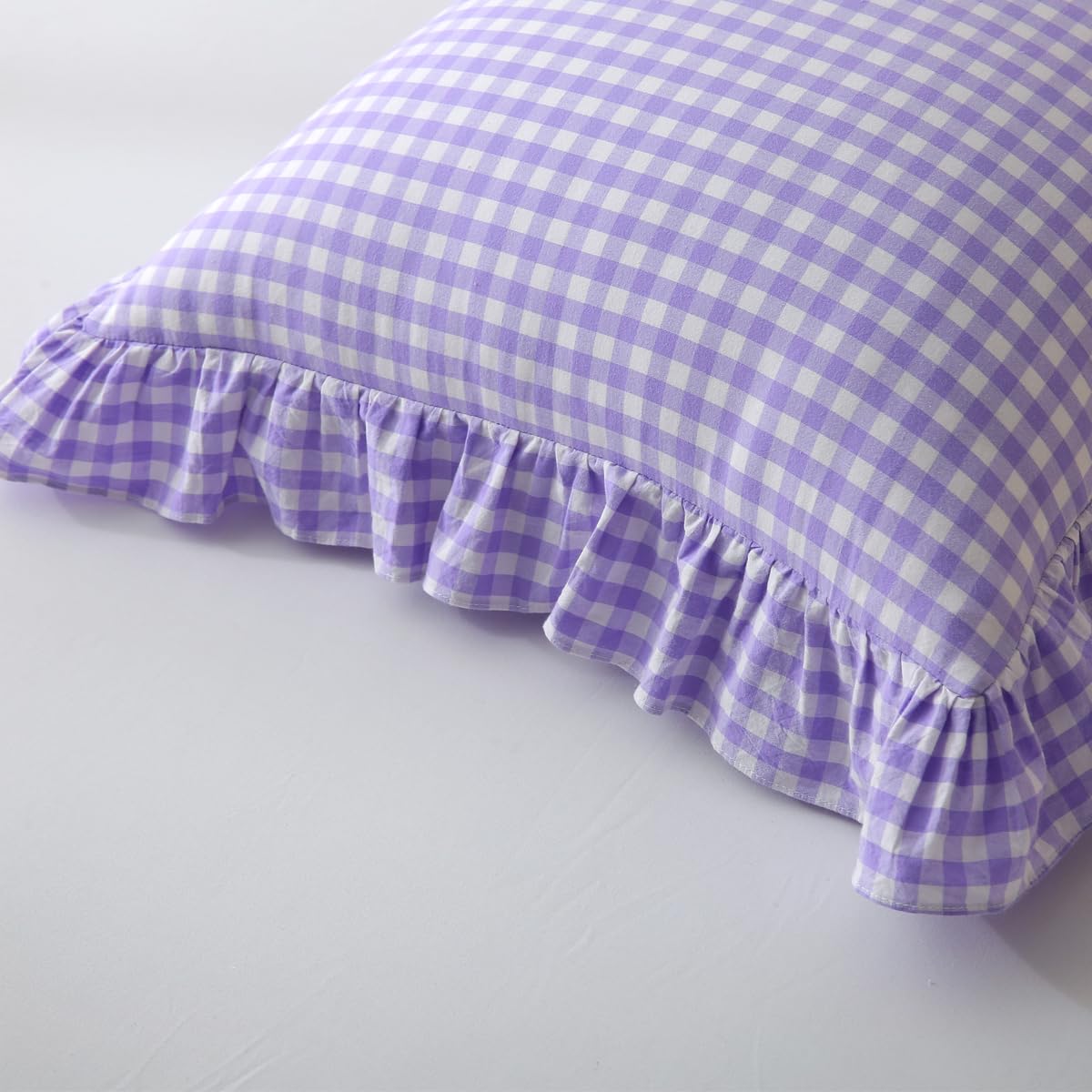 Silnuo Green/White Plaid Ruffled Queen Size Pillow Shams Set of 2,Washed Cotton Shabby Checkered Gingham Farmhouse Bed Pillow Covers 20"x30"
