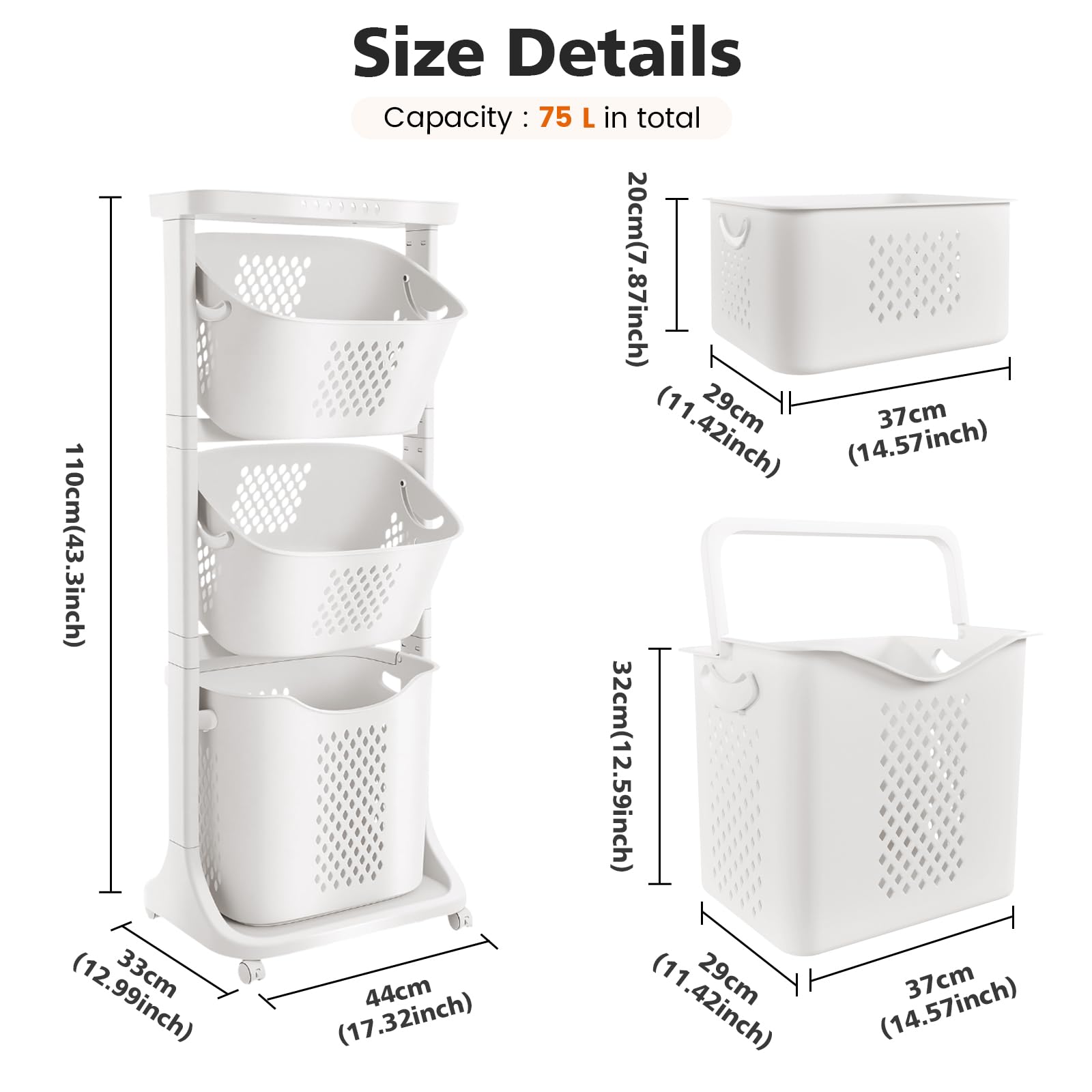 BAOKALER Rolling Laundry Hamper Cart with Wheels, 3 Tier White Laundry Baskets, Clothes Hamper with Portable Storage Baskets for Kitchens, Bathrooms, Bedrooms, Classrooms, Laundry Rooms(75L)