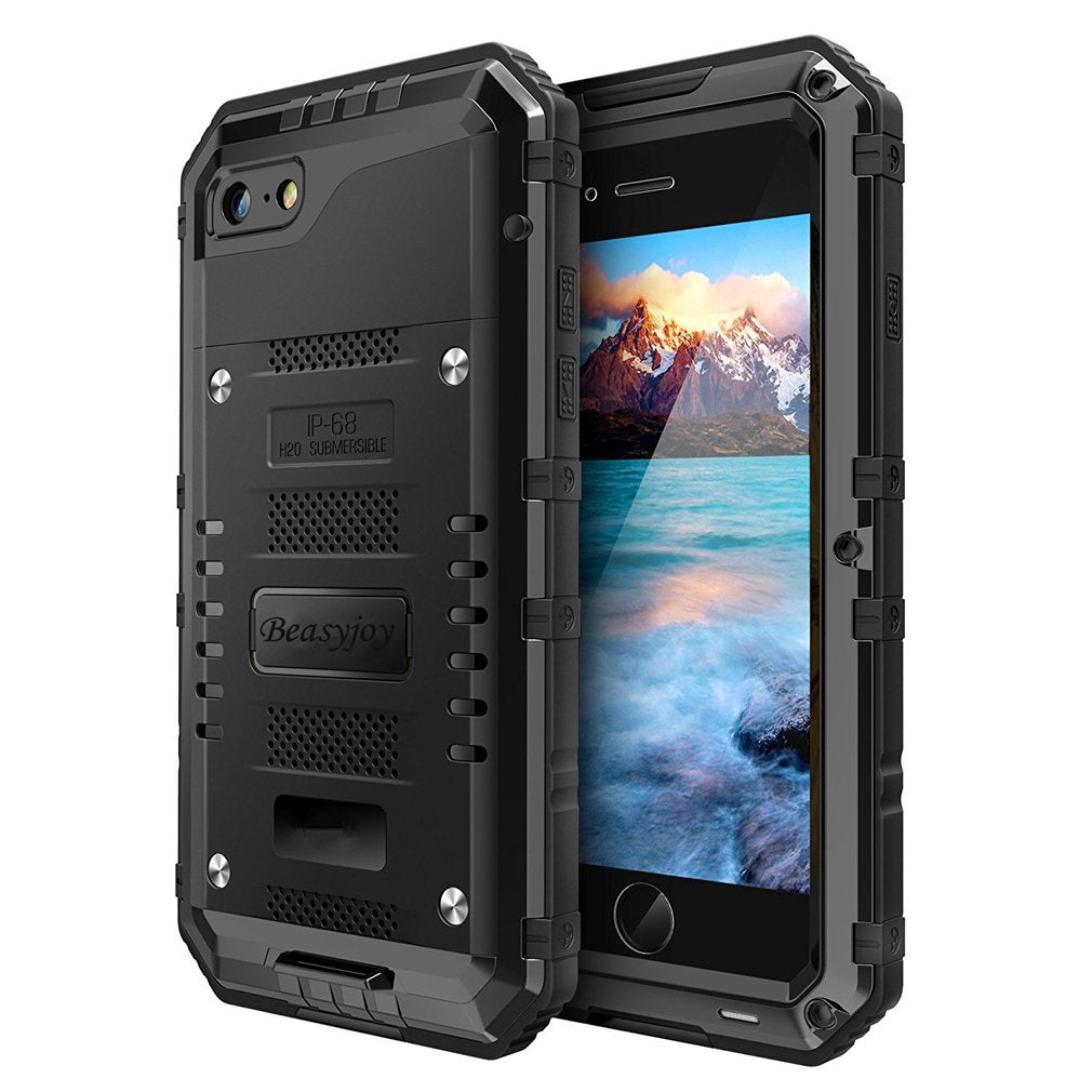 Beasyjoy for iPhone SE 2022/2020/ 8/7 Metal Case, Waterproof Heavy Duty Case with Screen Protector, Full Body Protection Military Grade Shockproof Defender Durable Sturdy Rugged Aluminum Cover, Black