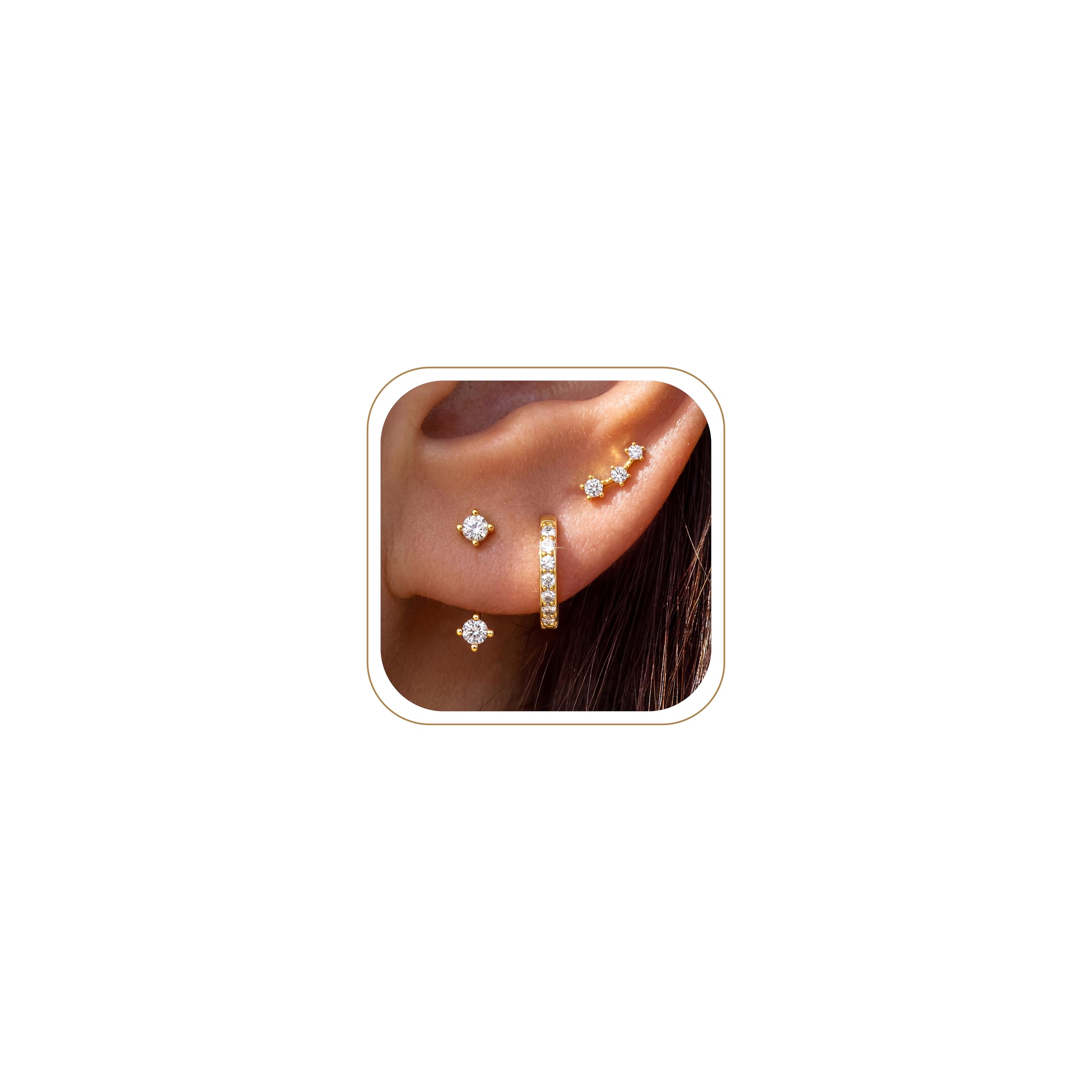 3 Pairs Dainty Small Earrings Set for Women Trendy, Birthstone Stud Huggie Hoop Jacket Stack for Cartilage Helix, Gold Plated Hypoallergenic Cute Women Fashion Accessories Western Jewelry Gifts