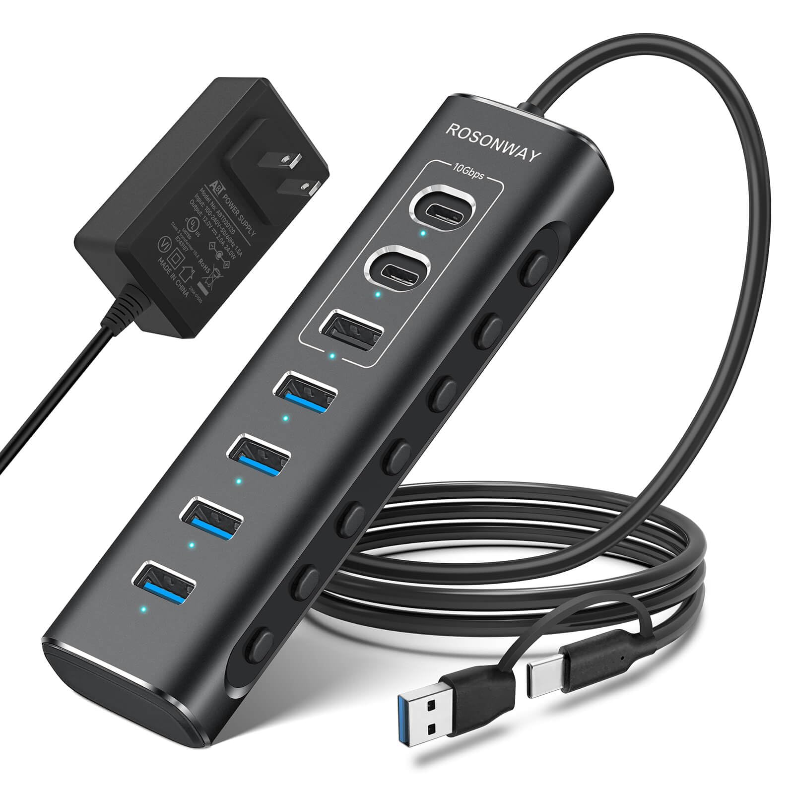 USB Hub 3.0 Powered Rosonway Aluminum 7 Ports USB 3.0 Data Hub Splitter with 24W (12V/2A) Power Adapter and Individual On/Off Switches USB Port Expander for PC and Laptop (RSH-A37S)
