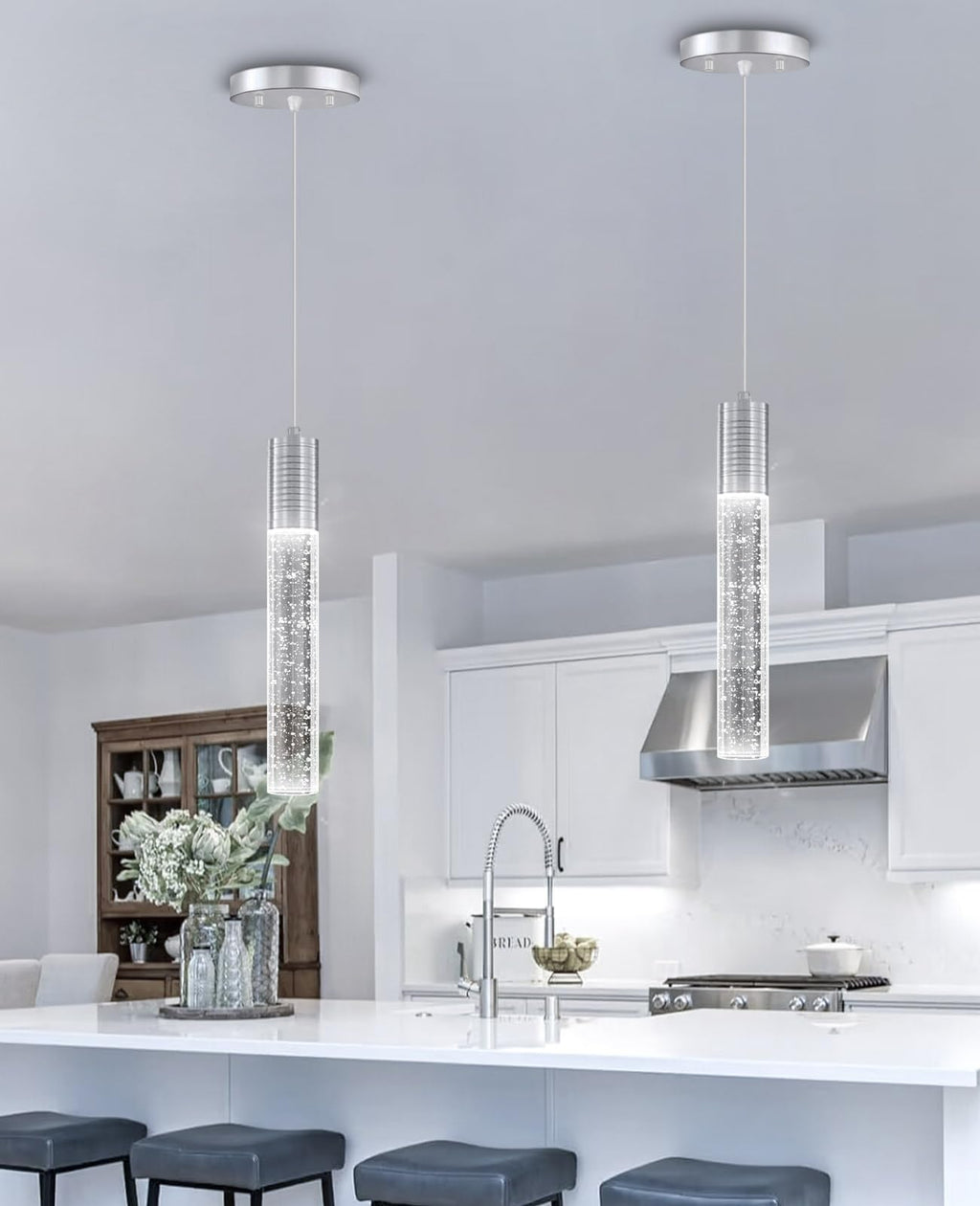 HAIXIANG Modern Kitchen Island Hanging Light Fixtures Crytstal Pendant Lighting for Kitchen Island Chrome Mini Chandelier with 6000K Daylight Bulb