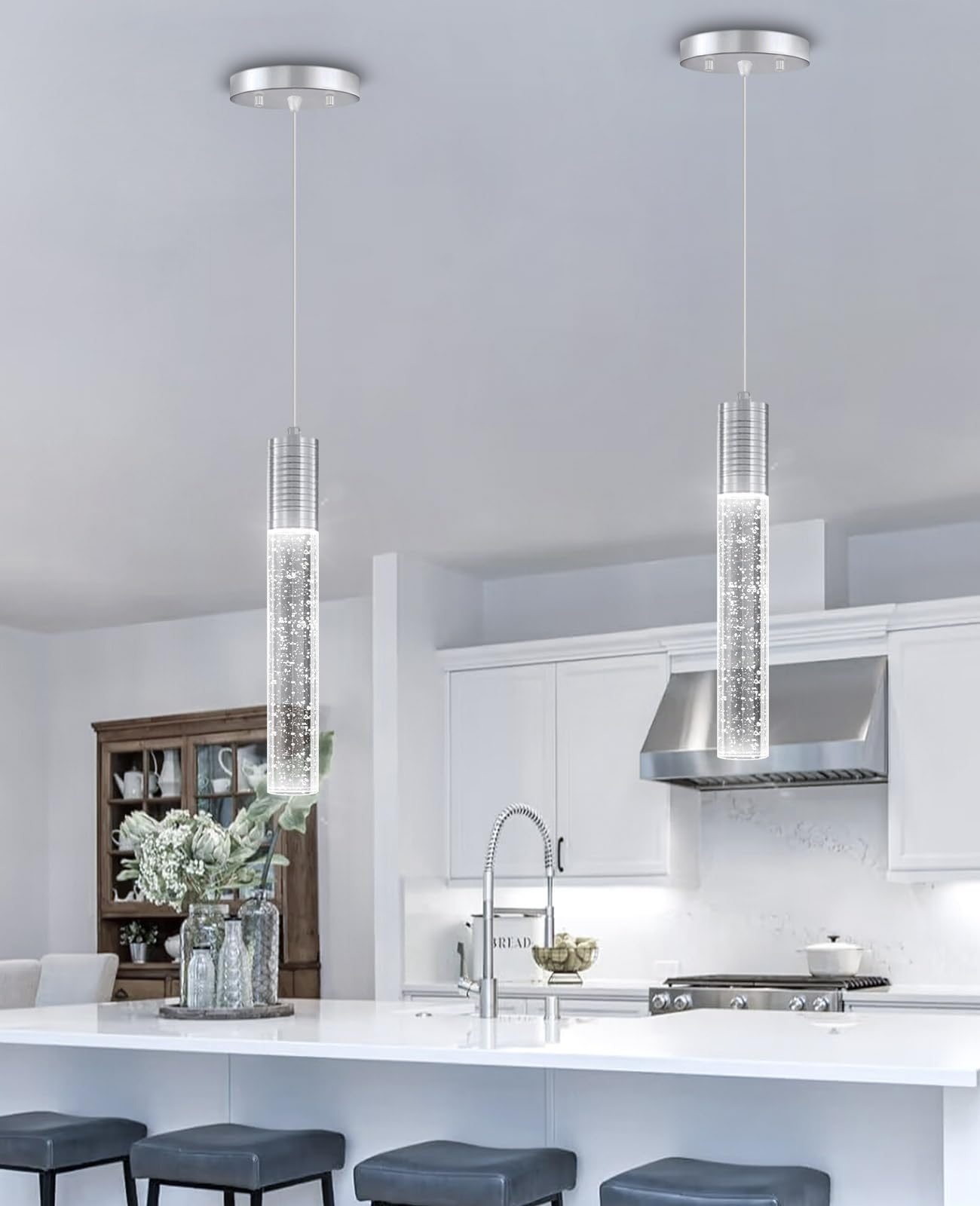HAIXIANG Modern Kitchen Island Hanging Light Fixtures Crytstal Pendant Lighting for Kitchen Island Chrome Mini Chandelier with 6000K Daylight Bulb