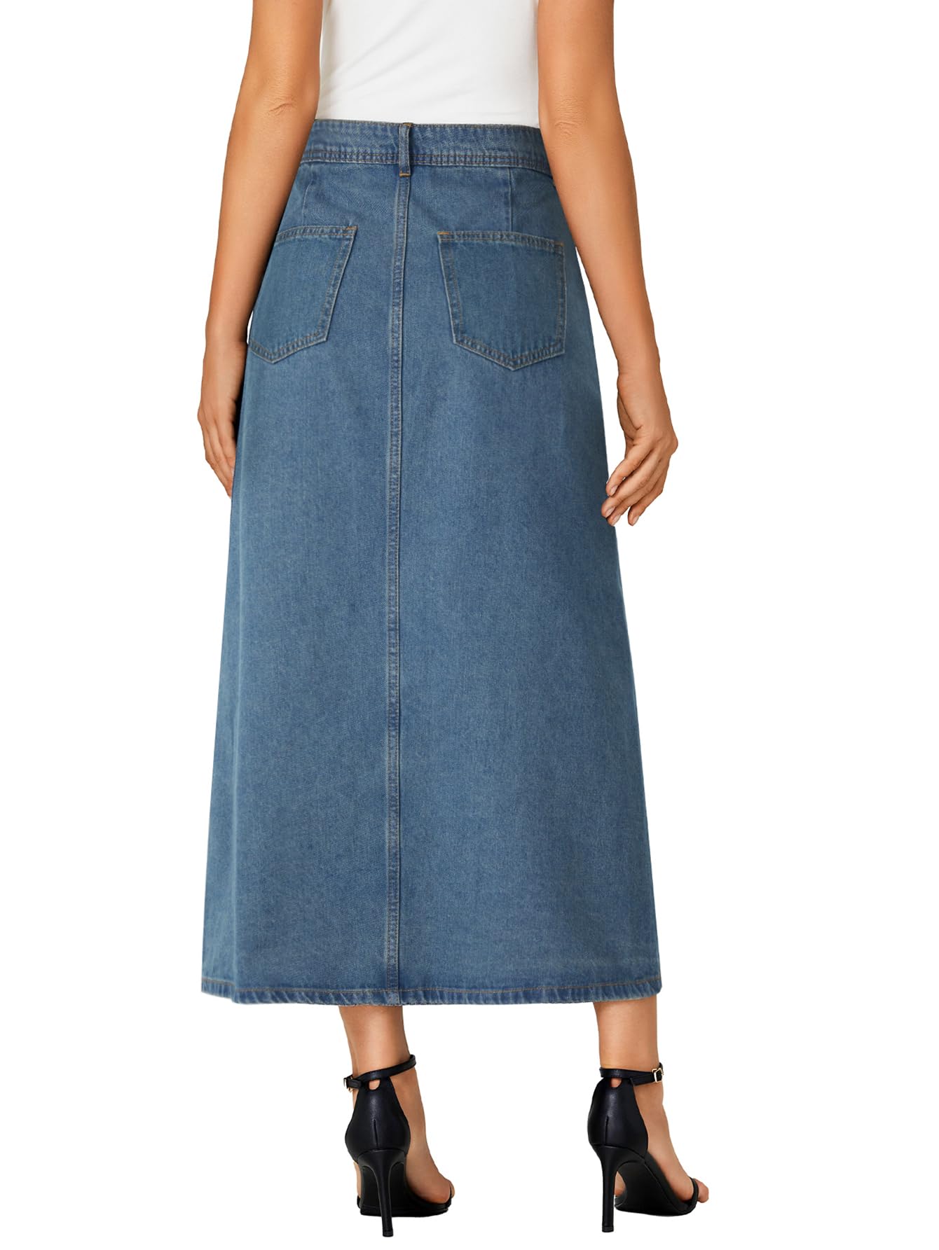 Vrtige Women's Casual Button Down High Waisted A Line Jean Midi Long Denim Skirt with Pockets