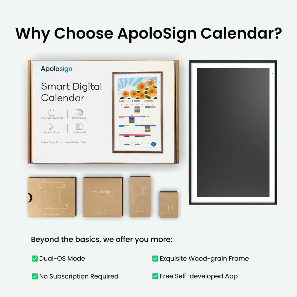Apolosign 27-inch Digital Calendar & Smart Family Wall Planner, No Subscription, Calendar & Dashboard Dual-Mode System, Shared Touchscreen Display with Calendar Sync, Chore Charts & Family Scheduling Hub, Wall Mount Included (Black)