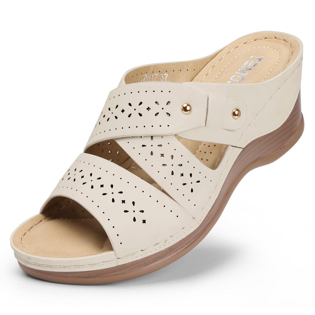 TEMOFON Wedge Sandals for Women Summer: Dressy Low Heel Sandals Black/Navy/White, Comfortable Walking, Arch support, Casual Slip on Summer Shoes, Size 5-11