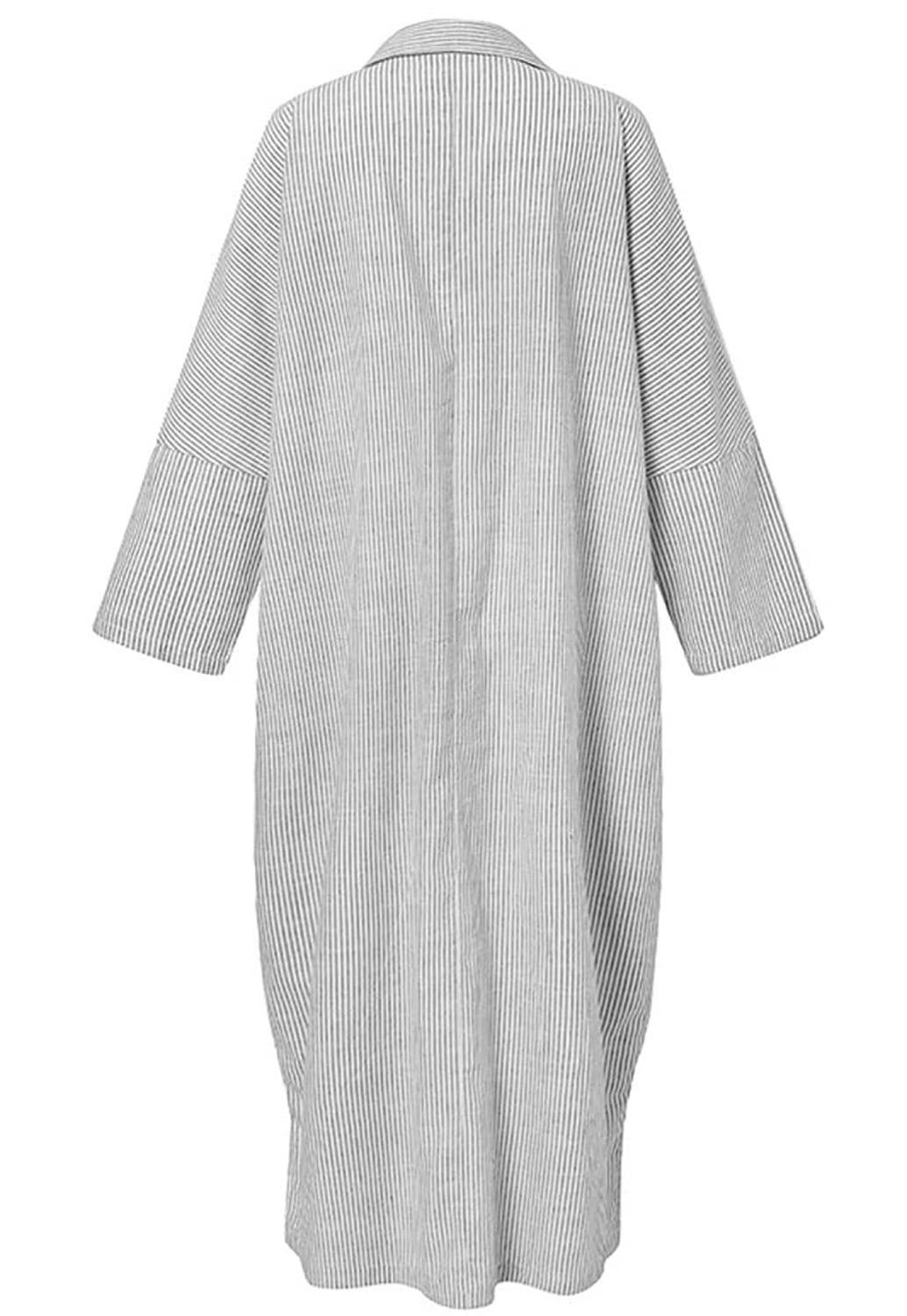 utcoco Womens Striped Long Sleeve Dress Casual Loose Button Down Cotton Maxi Shirt Dress