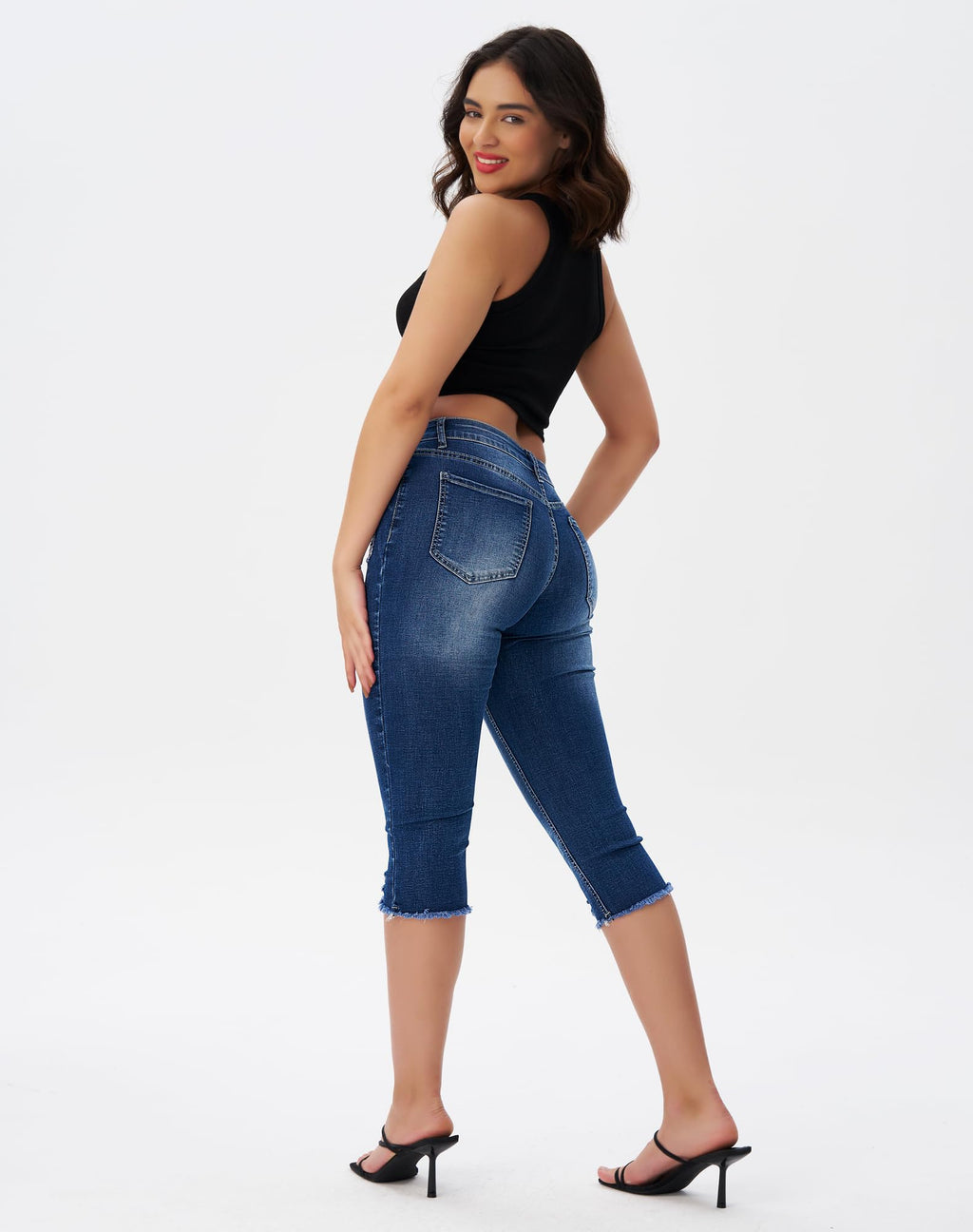 roswear Women's Capri Pants Mid Rise Skinny Ripped Stretchy Cropped Distressed Jeans
