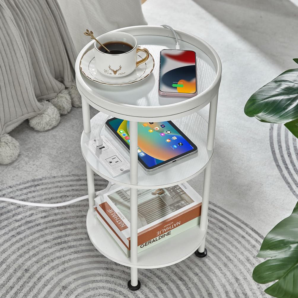 Small Round Side Table with Charging Station for Small Spaces, 3-Tier Accent Table with USB Ports & Power Outlets, Sofa Corner Tea Table for Living Room Nightstand Bedroom Apartment (Black)
