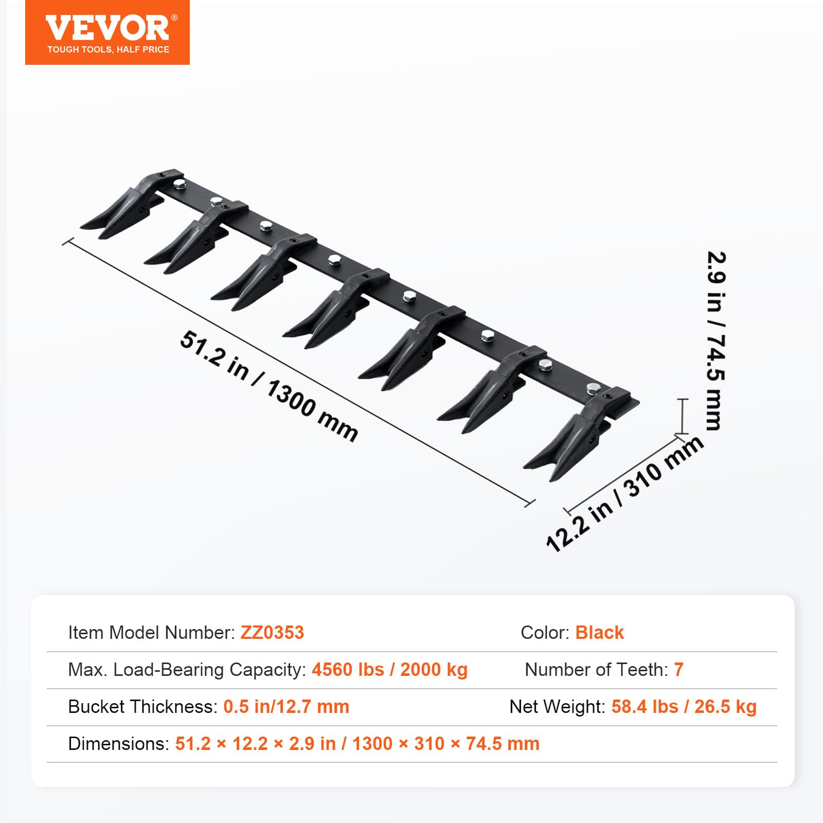 VEVOR Bucket Tooth Bar, 48'', Heavy Duty Tractor Bucket 6 Teeth Bar for Loader Tractor Skidsteer, 4560 lbs Load-Bearing Capacity Bolt On Design, for Efficient Soil Excavation and Bucket Protection