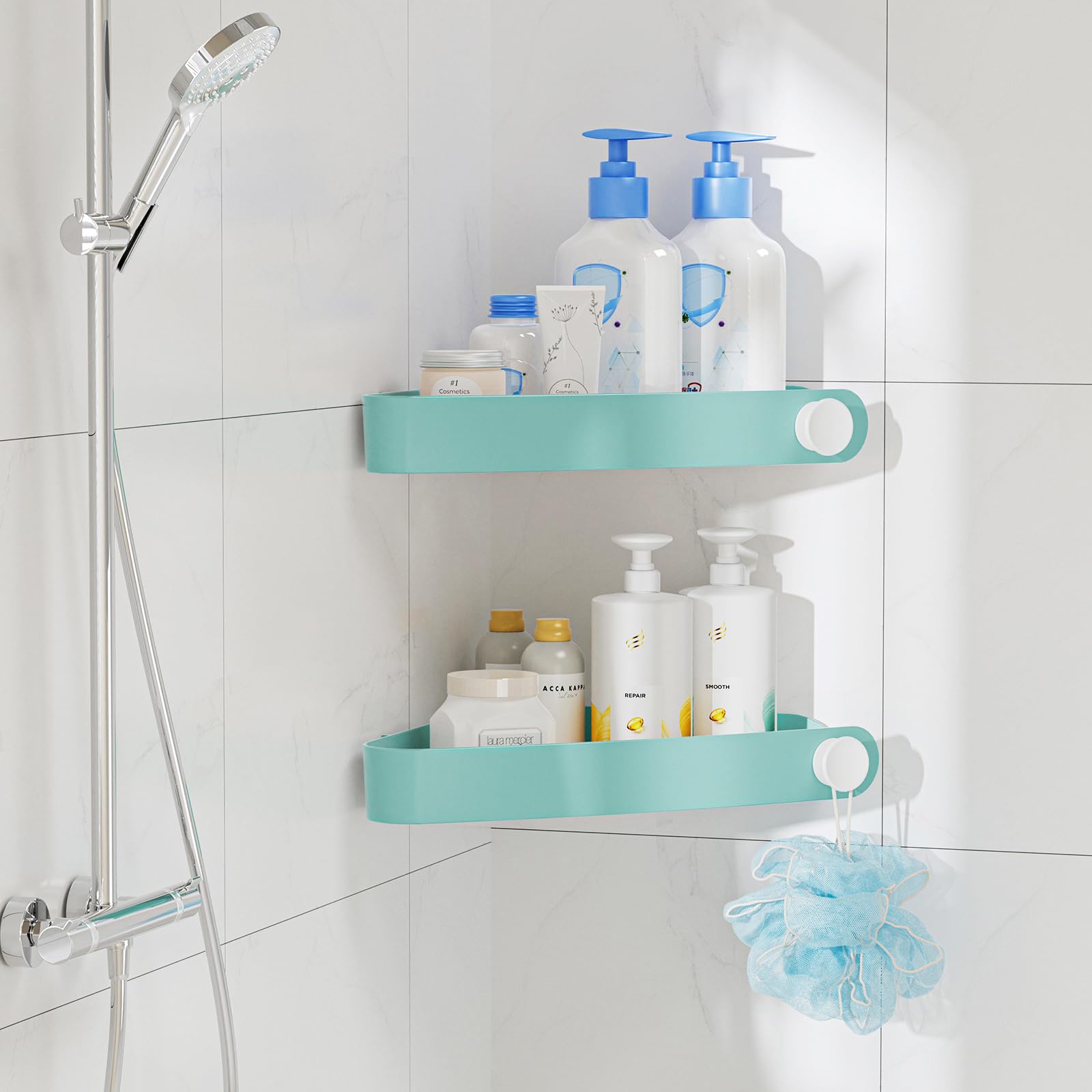 Sotfamily Plastic Shower Caddy Corner (for 90° Only), 2 Pack Adhesive Corner Shower Shelves for Bathroom Organizers and Storage, Black