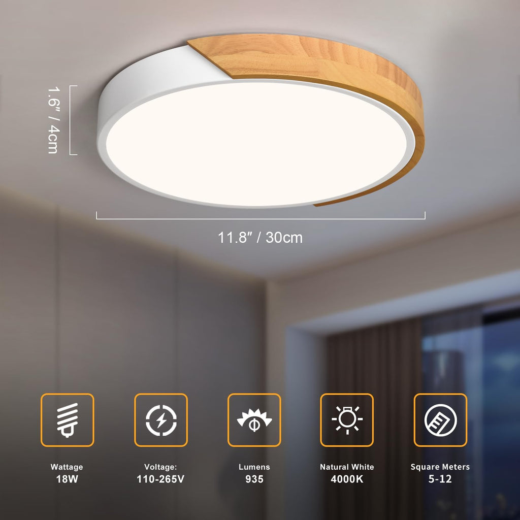 Modern LED Ceiling Light, Minimalist Wood Dimmable Flush Mount Ceiling Light Fixture, Round 5CCT Lighting Lamp with Acrylic Lampshade for Bedroom Hallway Kitchen Laundry, Black 11.8"