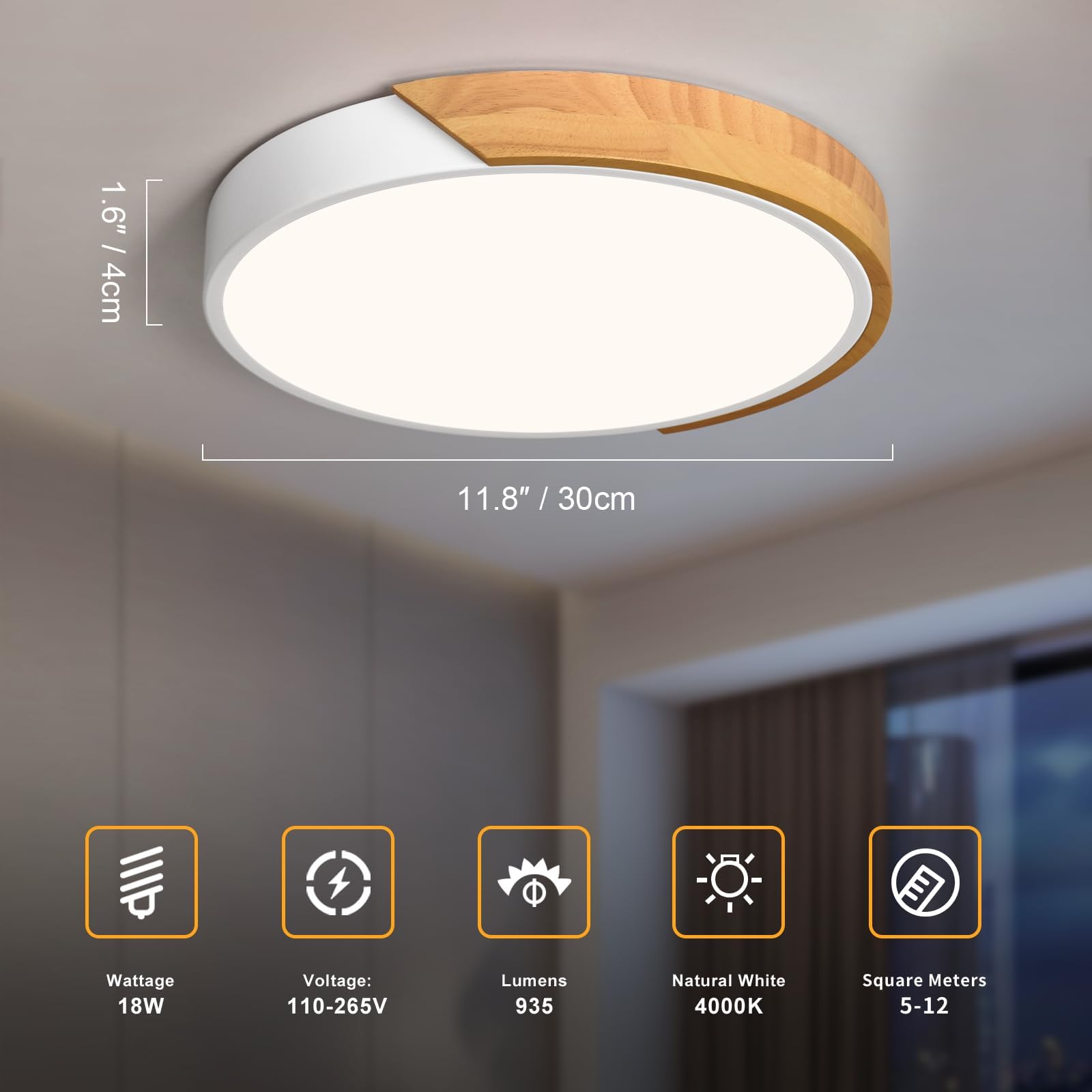 Modern LED Ceiling Light, Minimalist Wood Dimmable Flush Mount Ceiling Light Fixture, Round 5CCT Lighting Lamp with Acrylic Lampshade for Bedroom Hallway Kitchen Laundry, Black 11.8"