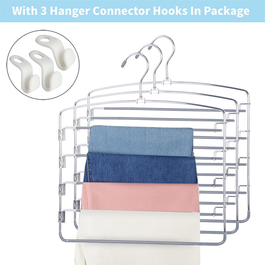 FeeraHozer Pants Hangers Non Slip 3 Pack Space Saving Hangers Multi-Layer Swing Arm Pants Hanger Stainless Steel Space Saver Hanger Closet Storage Organizer for Jeans Trouser Slacks Clothes (Black)