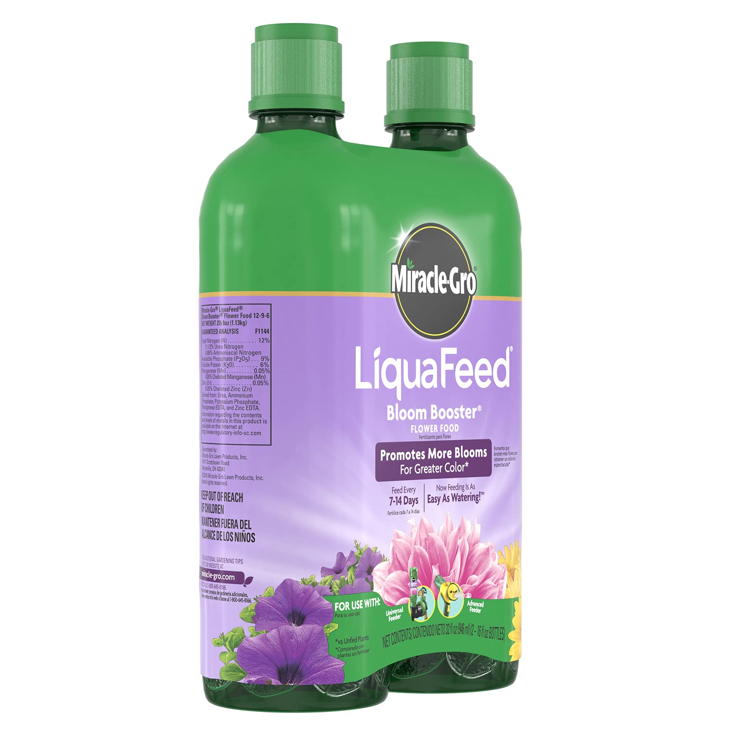 Miracle-Gro LiquaFeed Bloom Booster Flower Food Refills, Plant Fertilizer, 16 fl. oz., 2 Bottles/Pack (6-Pack)