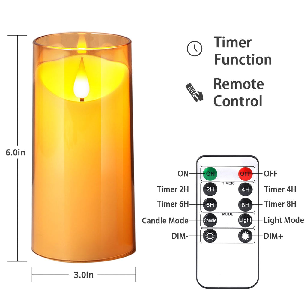 NURADA Flameless Candles with Remote Timer: 3D Wick Battery Operated Led Pillar Acrylic Fake Candle Set for Home Decoration Romantic Ambiance - Gold 2 Pack