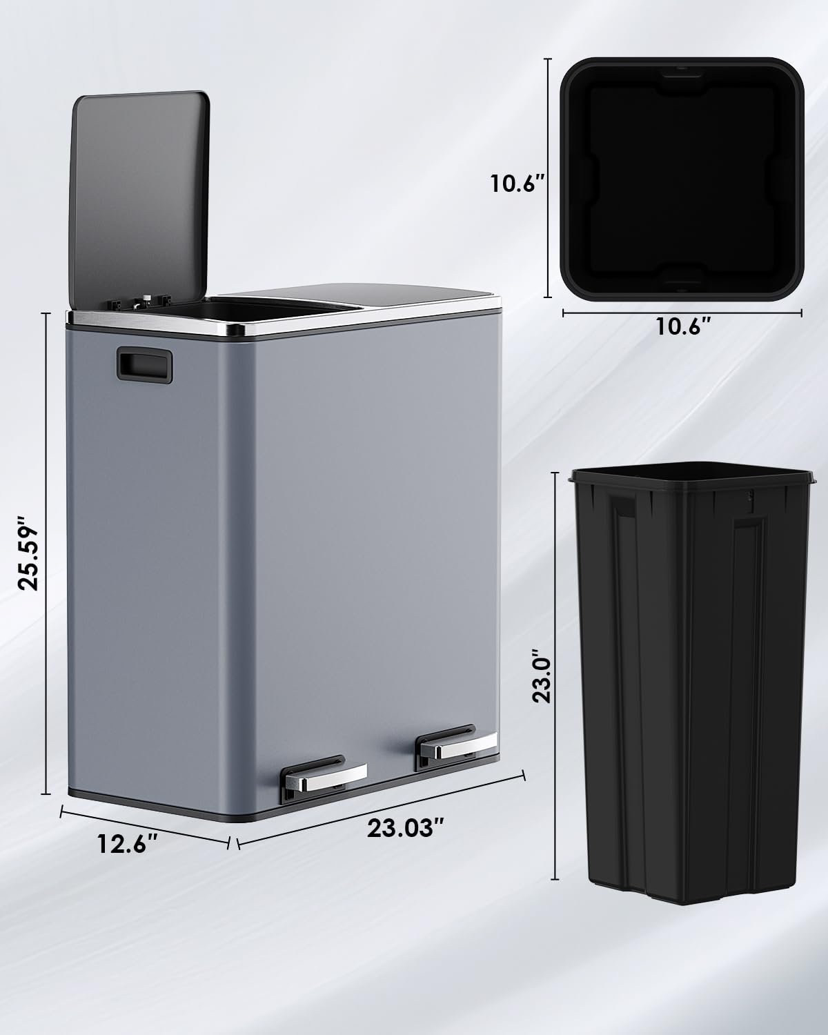 Arlopu Dual Trash Can, 2 x 8 Gallon (2 x 30 L) Hands-Free Trash and Recycle Bin Combo, Stainless Steel Kitchen Garbage Can with Soft-Close Lid, Removable Inner Buckets, Step Pedal, Airtight (Black)