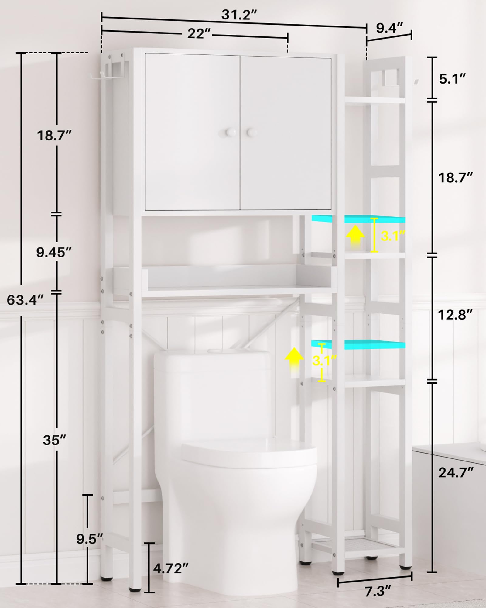 Over The Toilet Storage Cabinet with Doors - 7 Tier Bathroom Organizer with Adjustable Shelf, Freestanding Space Saver Rack Above Toilet Stand with 4 Hooks for Bathroom, Restroom, Laundry, Black