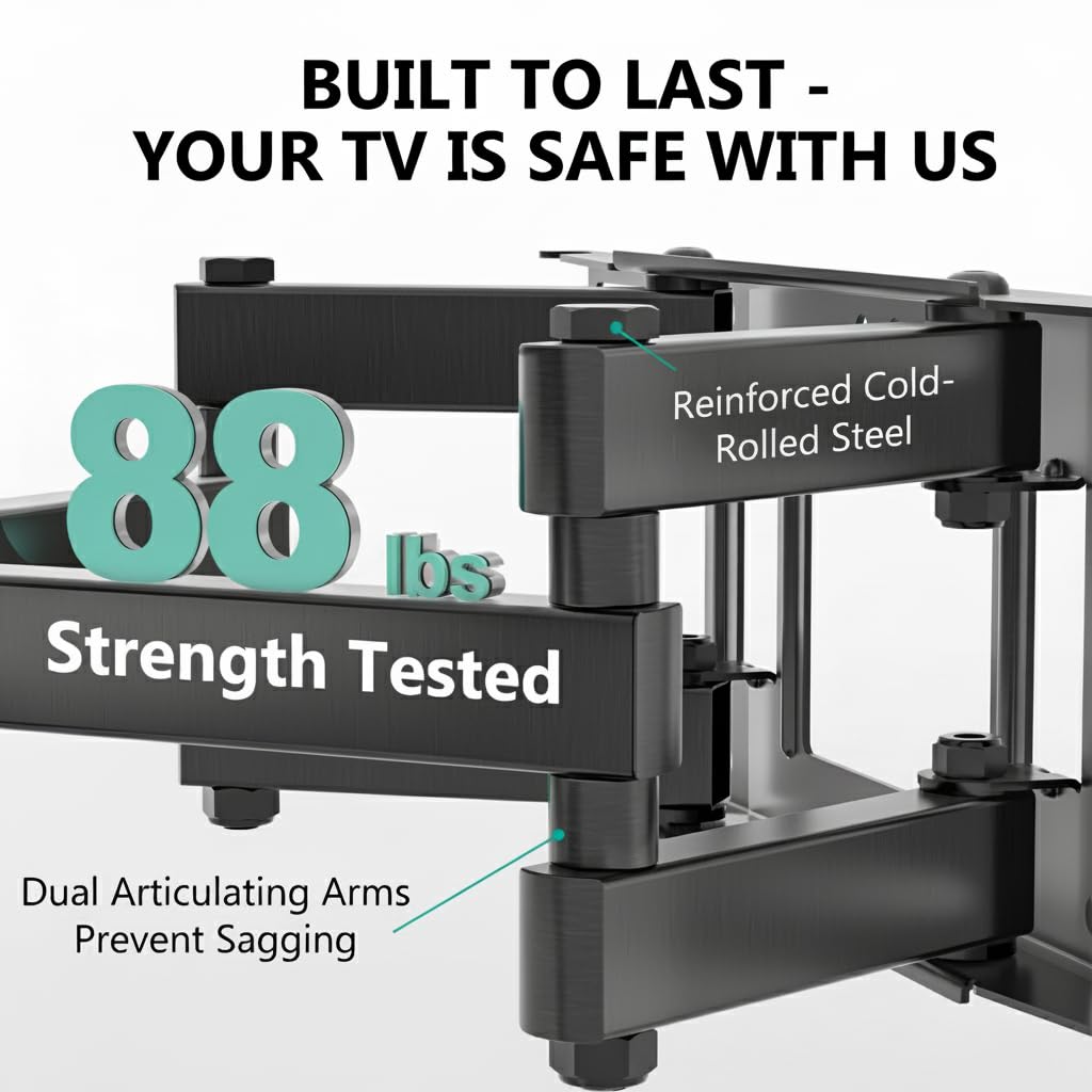 WALI Full Motion TV Wall Mount for 32–70 Inch TVs – Dual Articulating Mount with Swivel, Tilt & Extension | VESA up to 400x400mm | Fits 12/16" Wood Studs | Holds Up to 88 lbs