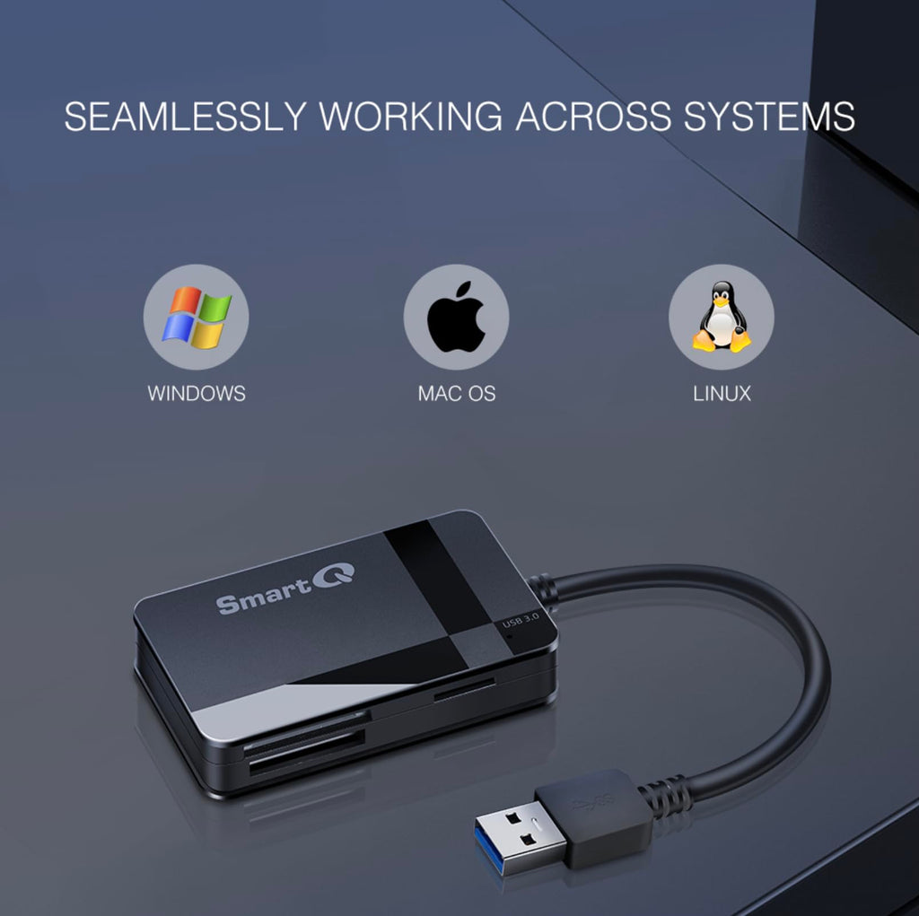 SmartQ C368 USB 3.0 Card Reader - Plug & Play, Compatible with Apple & Windows, Supports SD, Micro SD, MS, CF Cards