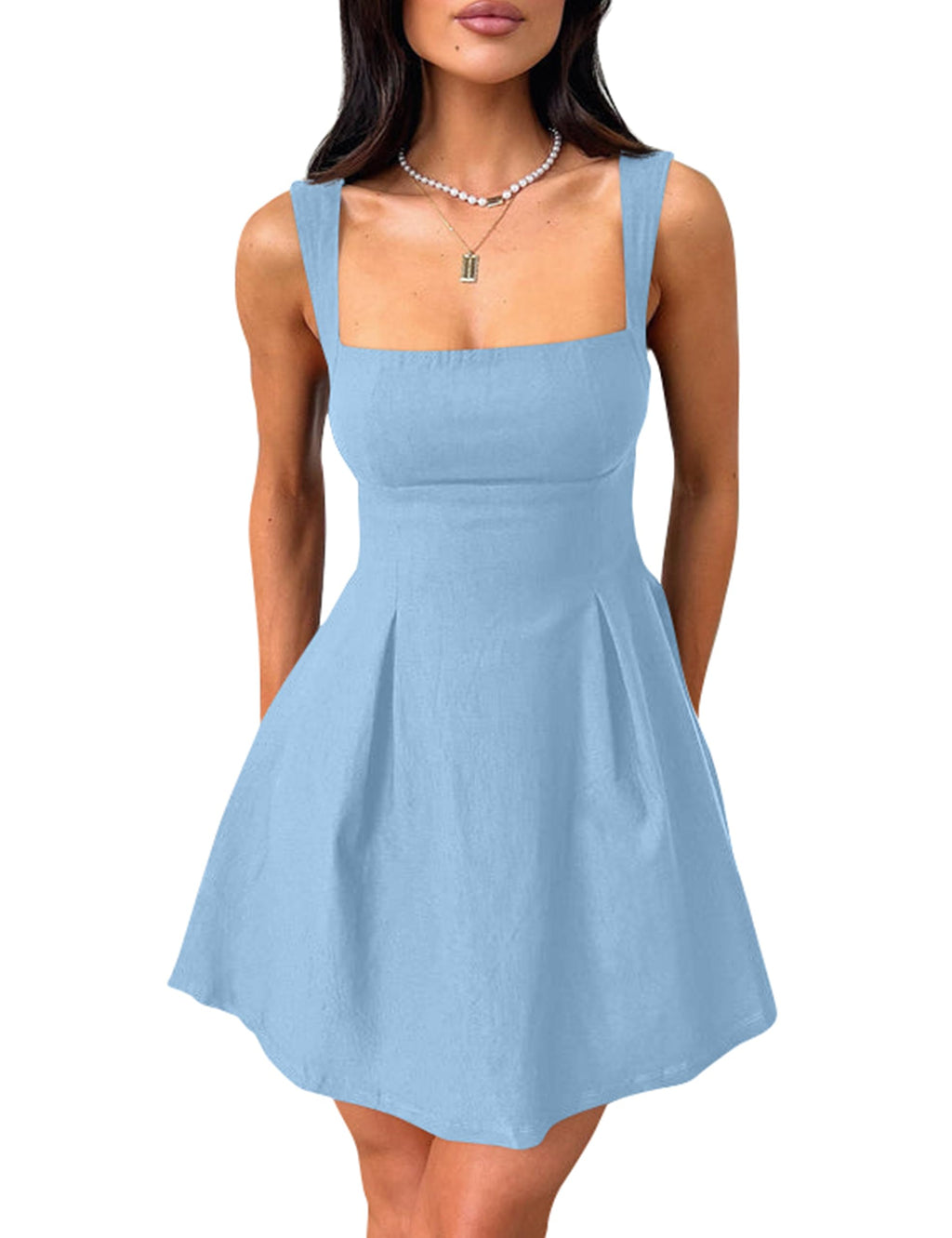 YMDUCH Women's Sexy Sleeveless Square Neck Adjustable Straps Bow Tie A-line Mini Party Club Dress