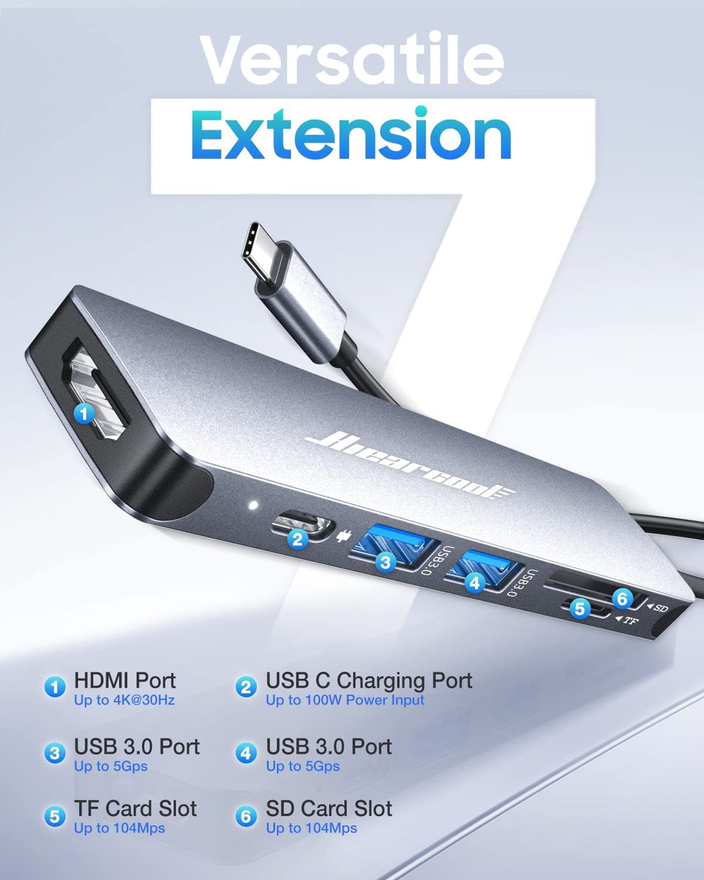 Hiearcool USB C Hub Multi-Port Adapter, 7-in-1 USB-C Dongle with 4K HDMI 100W PD SD/TF Card Reader, USBC Dock Compatible for MacBook Pro/Air Dell XPS Lenovo HP and Other Windows Laptops-Sliver White