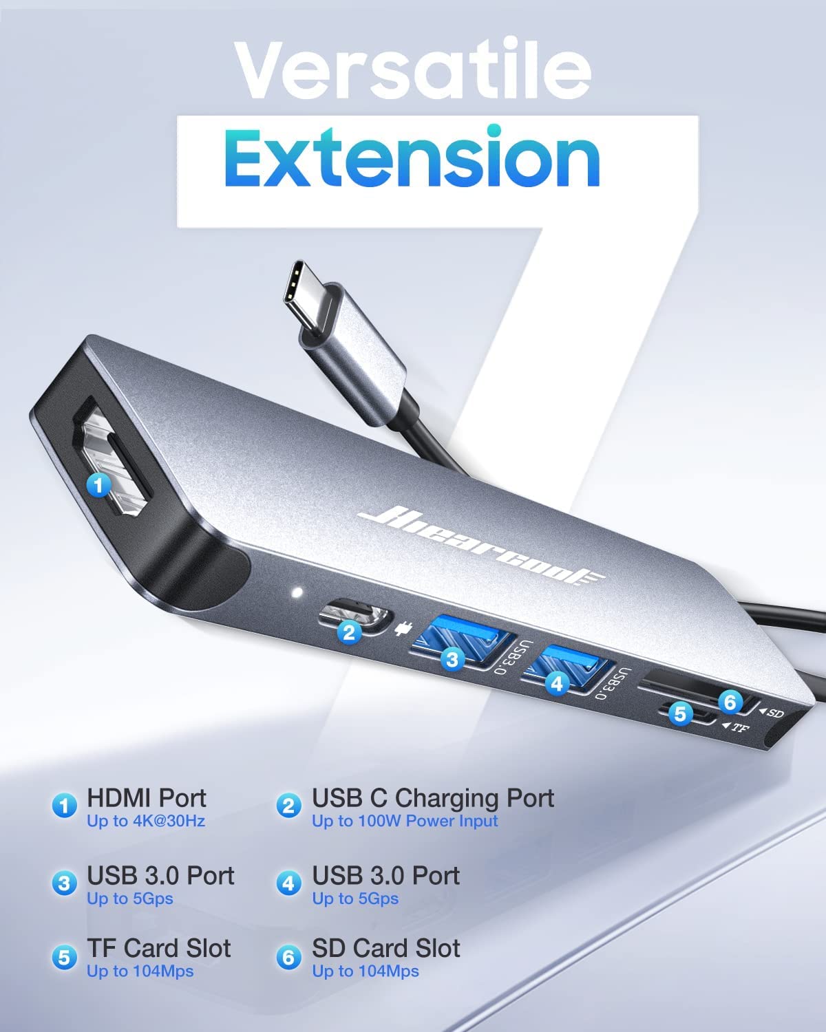 Hiearcool USB C Hub Multi-Port Adapter, 7-in-1 USB-C Dongle with 4K HDMI 100W PD SD/TF Card Reader, USBC Dock Compatible for MacBook Pro/Air Dell XPS Lenovo HP and Other Windows Laptops-Sliver White