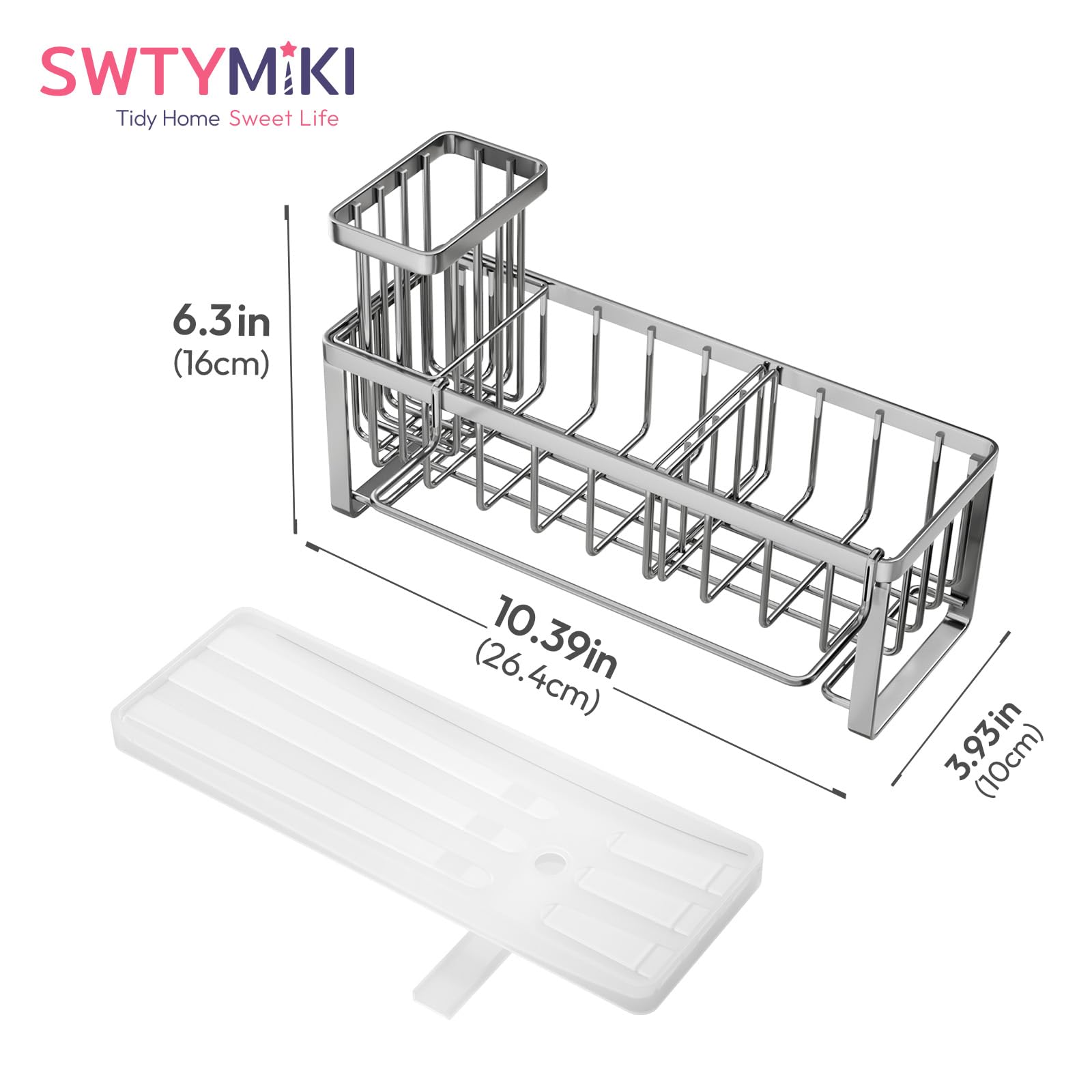 SWTYMIKI Sponge Holder for Kitchen Sink - Sink Caddy with Brush Holder Self-draining Sponge Caddy Organizer with Divider Stainless Steel Kitchen Accessories Storage for Countertop, Black