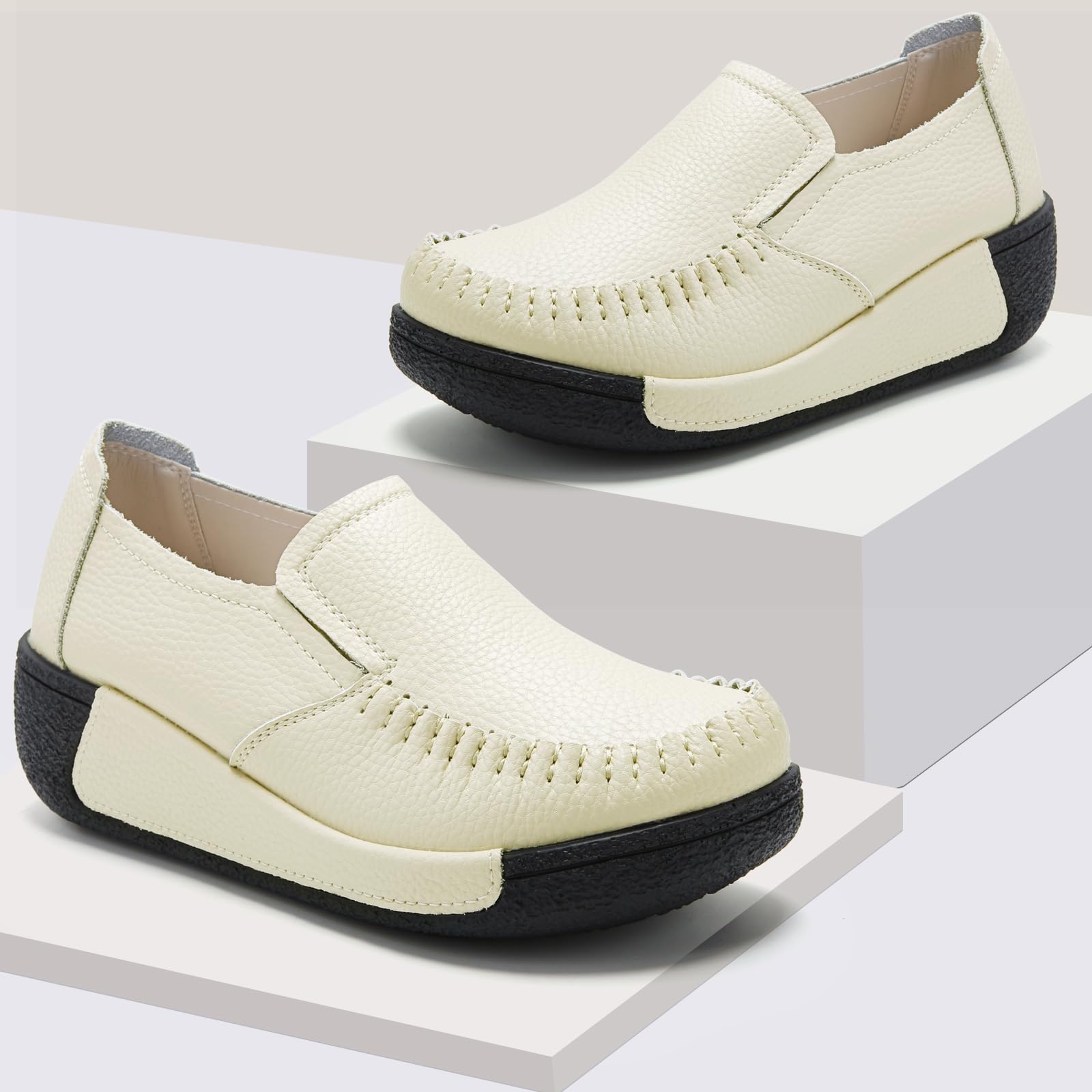 UZB Women's Slip On Loafer Leather Comfort Casual Platform Shoes