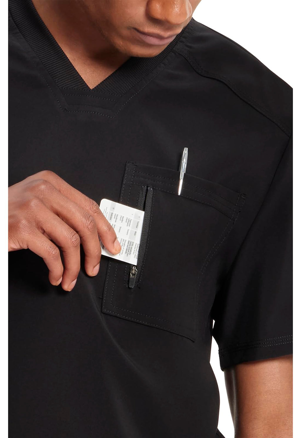 Cherokee Infinity Mens Tuckable V-Neck Scrub Top Modern Fit, 2 Pockets, Zip Chest Pocket, Rib-Knit, 360° Stretch – CK910A