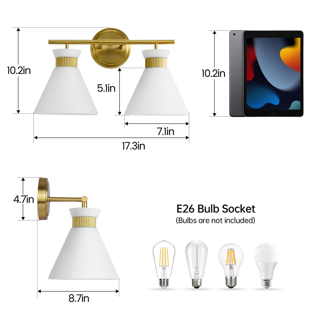WOSHITU Gold Bathroom Light Fixtures: Modern Vanity Lighting Fixtures 2 Lights for Bathroom Mid Century Vanity Light Sconces Over Mirror with Frosted Milky Glass for Bath Bedroom Makeup