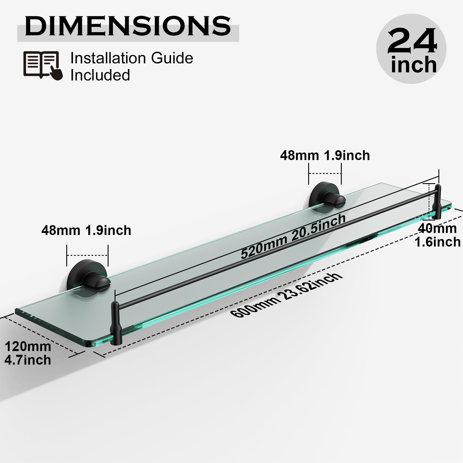 Glass Bathroom Shelves,Brushed Gold Floating Shelves for Wall Rectangular Modern Stainless Steel Glass Shelf for Bathroom Shelves wall Mounted 16 Inch