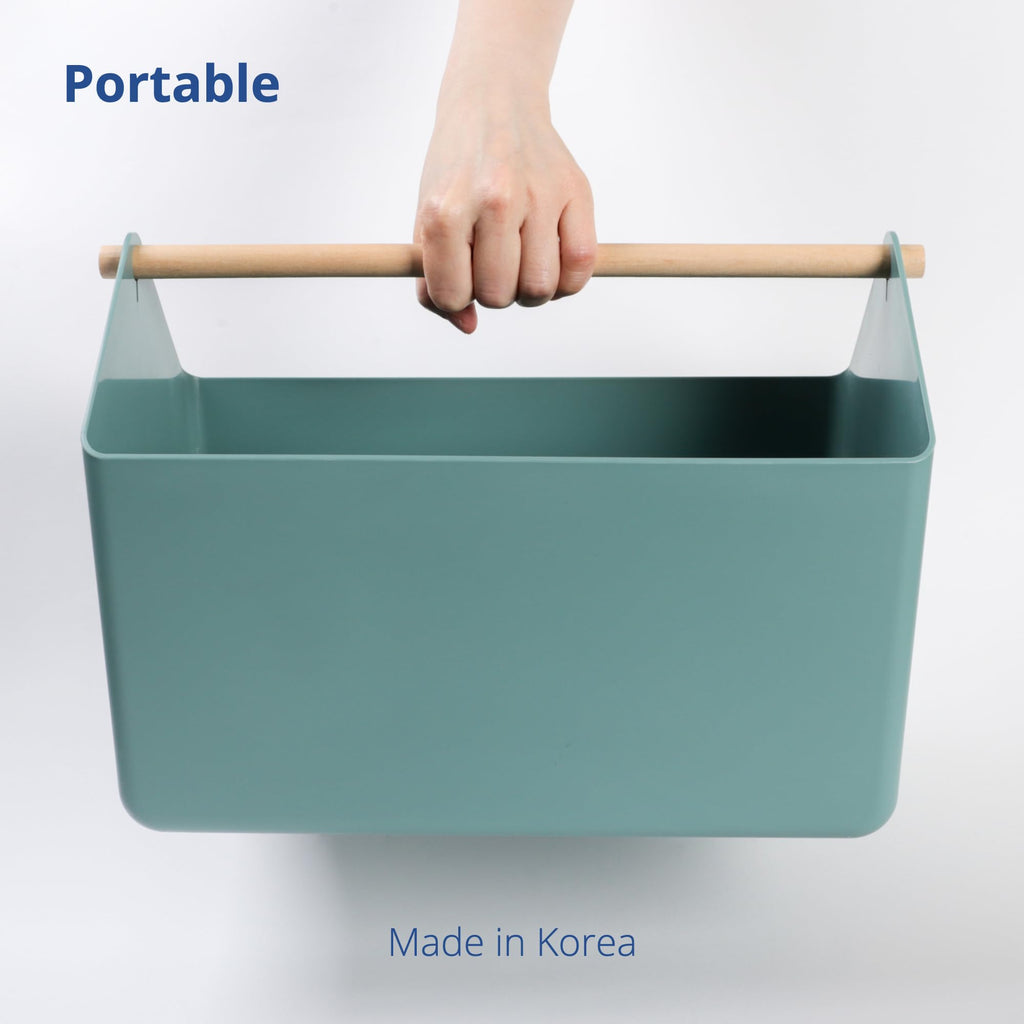 BLUE GINKGO Medium Storage Basket – Plastic Caddy with Wooden Handle for Office, Arts & Crafts, or Home Supplies (Green)