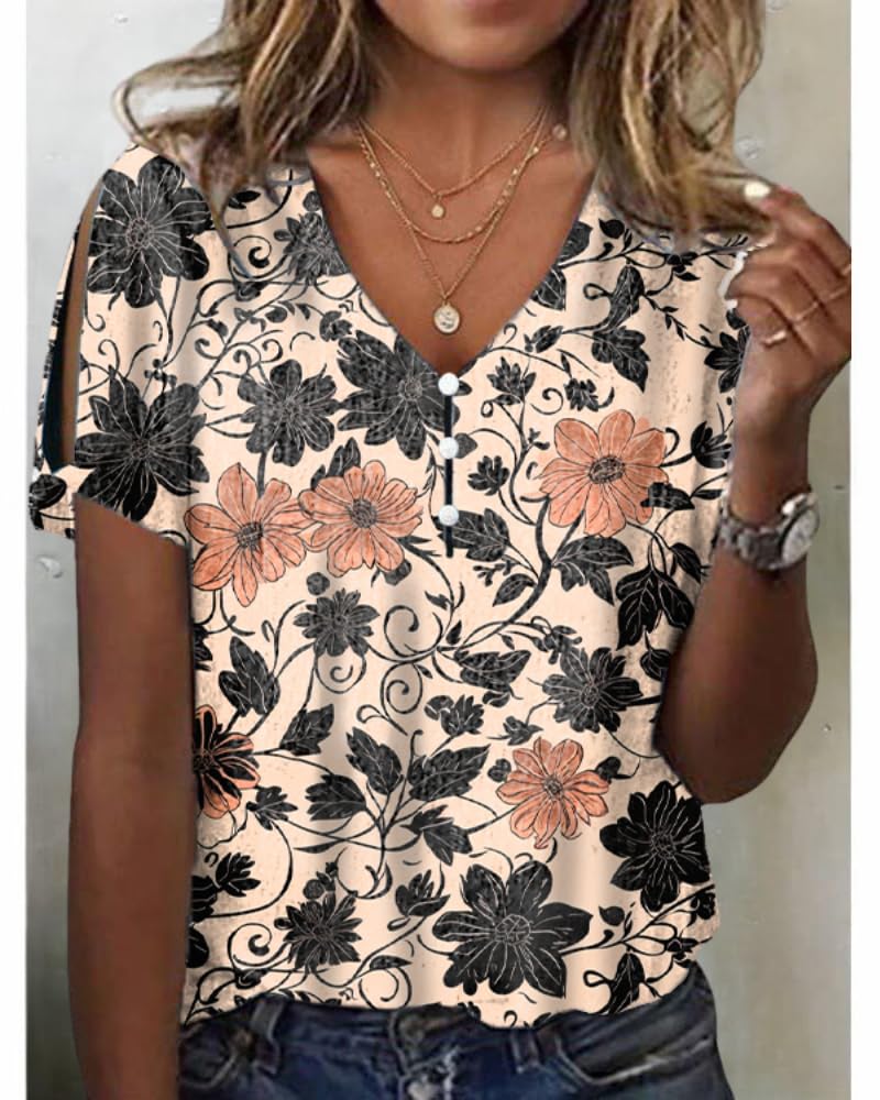 HOTYD Women's Boho Floral Print Ladies Short Sleeve Tops Summer Blouses Dressy Casual V Neck Cold Shoulder Tunic Tops