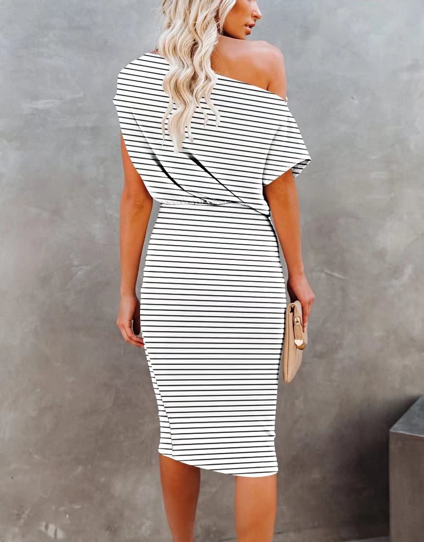 EZBELLE Women's Summer Dress Off The Shoulder Short Sleeve Ribbed Casual Party Bodycon Midi Dresses