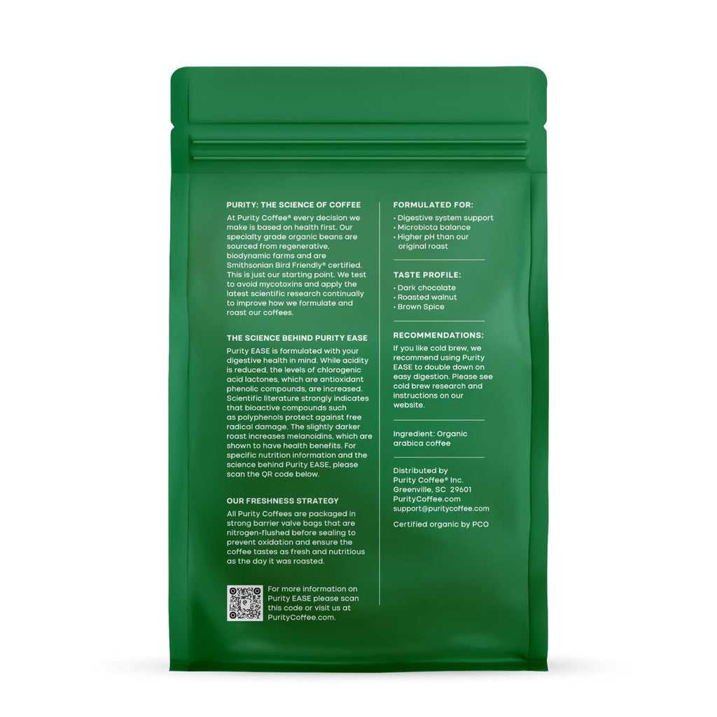 Purity Coffee EASE Low Acid Dark Roast Whole Bean (12oz Bag) | Specialty-Grade USDA Organic Arabica Blend | Third Party Tested for Mold, Mycotoxins & Pesticides