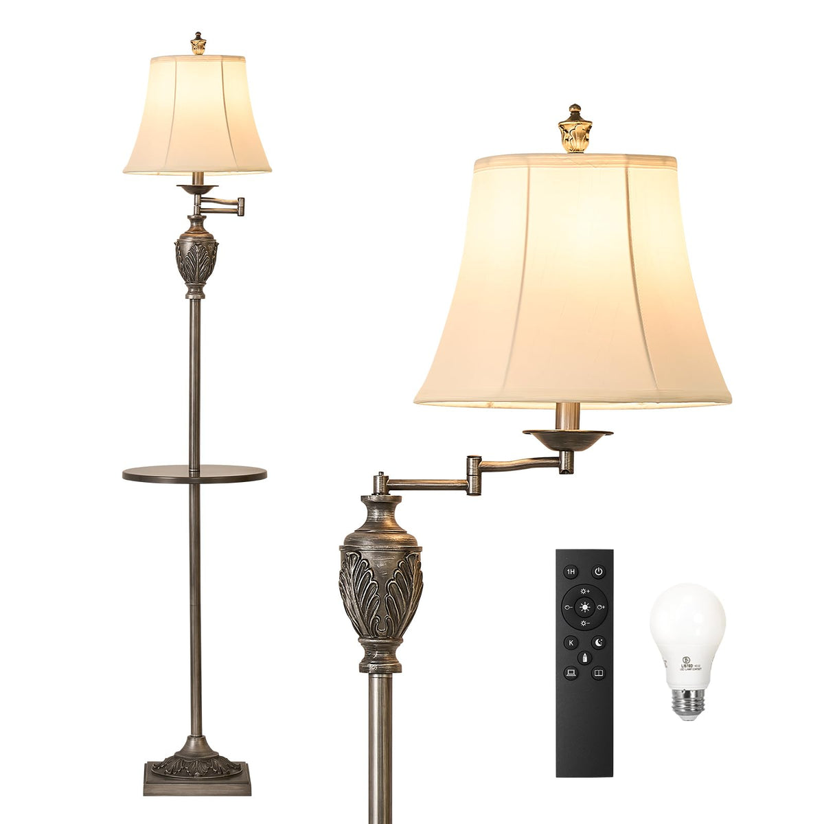 Traditional LED Floor Lamp with 350° Adjustable Swing Arm Lamp – Vintage Standing Pole lamp for Living Room, Bedroom and Office – Rustic Upright Floor Light for Home Décor with Silk Fabric Shade