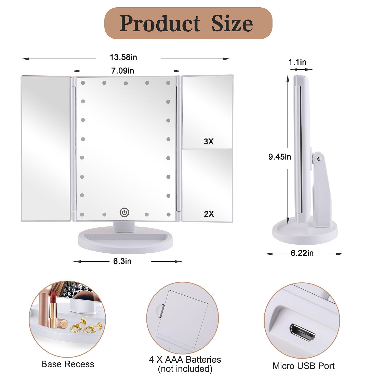 Flymiro Tri-fold Lighted Vanity Makeup Mirror with 3x/2x Magnification,Light up Mirror for Makeup,Touch Screen 21 LEDs,180° Rotation Countertop Cosmetic Mirror,Gifts for Women Mom Teen Girls