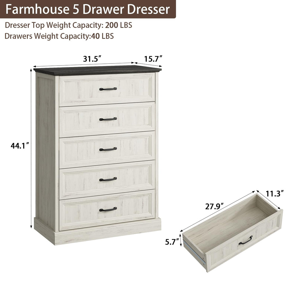 Farmhouse 5 Drawers Dresser for Bedroom, 44" Tall Brown dresser Wood Rustic Chest of Drawers with Wide Metal Handle,Natural Texture,Drawer Organizer for Bedroom,Living Room,Hallway and Entryway