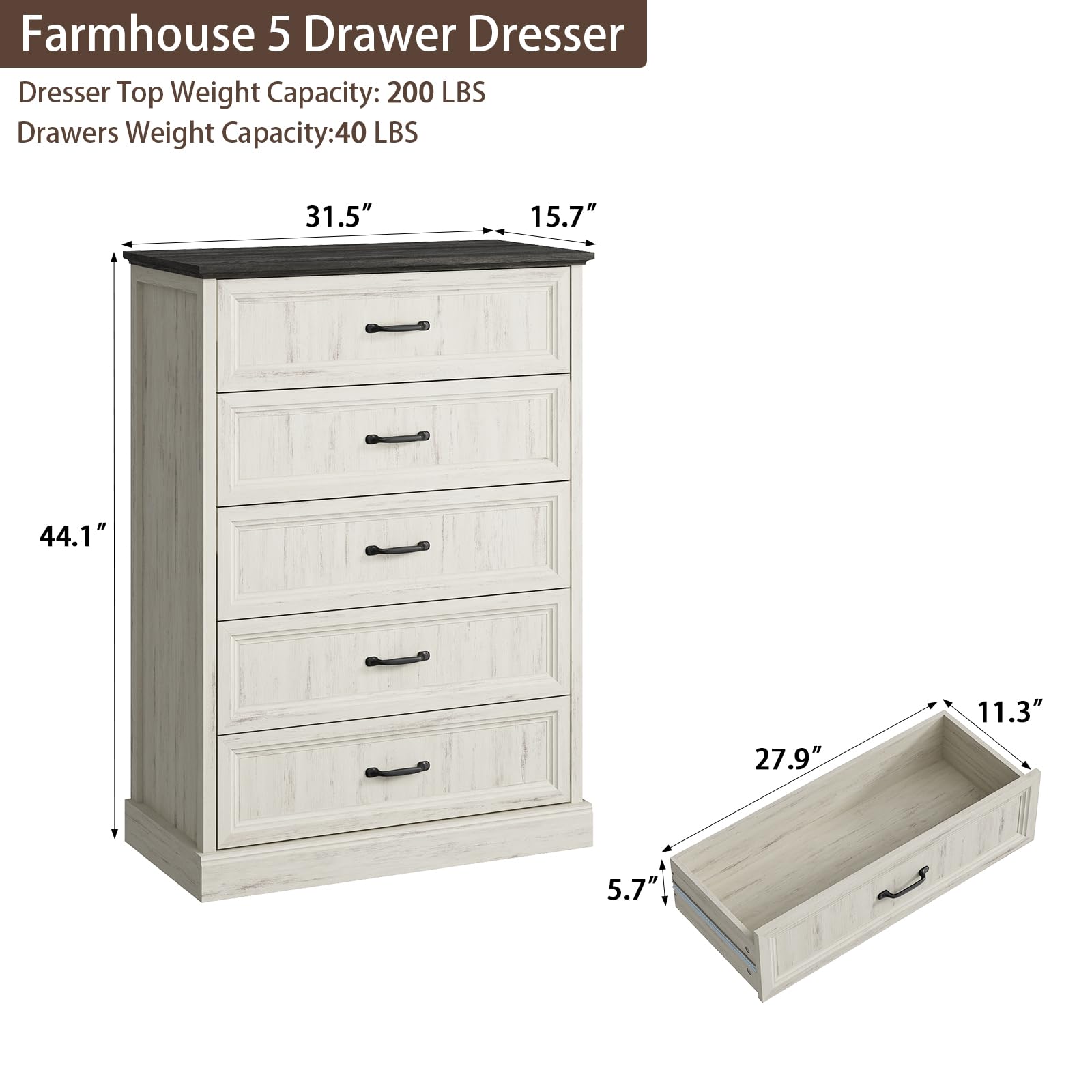 Farmhouse 5 Drawers Dresser for Bedroom, 44" Tall Brown dresser Wood Rustic Chest of Drawers with Wide Metal Handle,Natural Texture,Drawer Organizer for Bedroom,Living Room,Hallway and Entryway