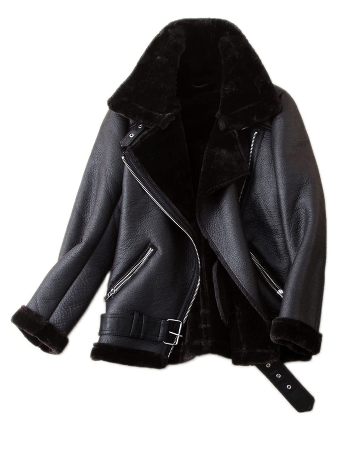 LY VAREY LIN Women's Faux Shearing Moto Jacket Thick Lined Parka Winter Shearling Coat Leather Jacket