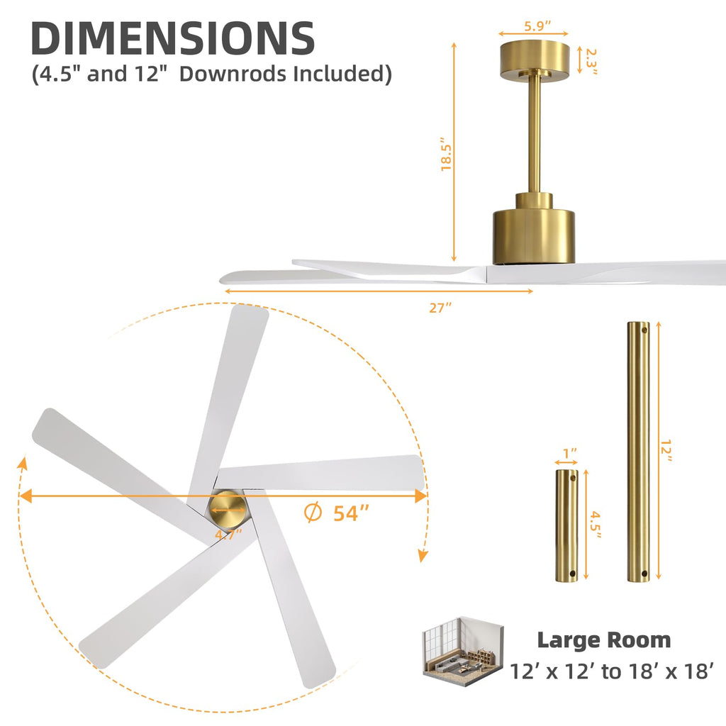 WINGBO 54" ABS DC Ceiling Fan No Light, 5 Blade Wood Grain ABS Ceiling Fan with Remote, 6-Speed Reversible DC Motor, Ceiling Fans without Light for Kitchen Bedroom Living Room, Antique Nickel and Grey